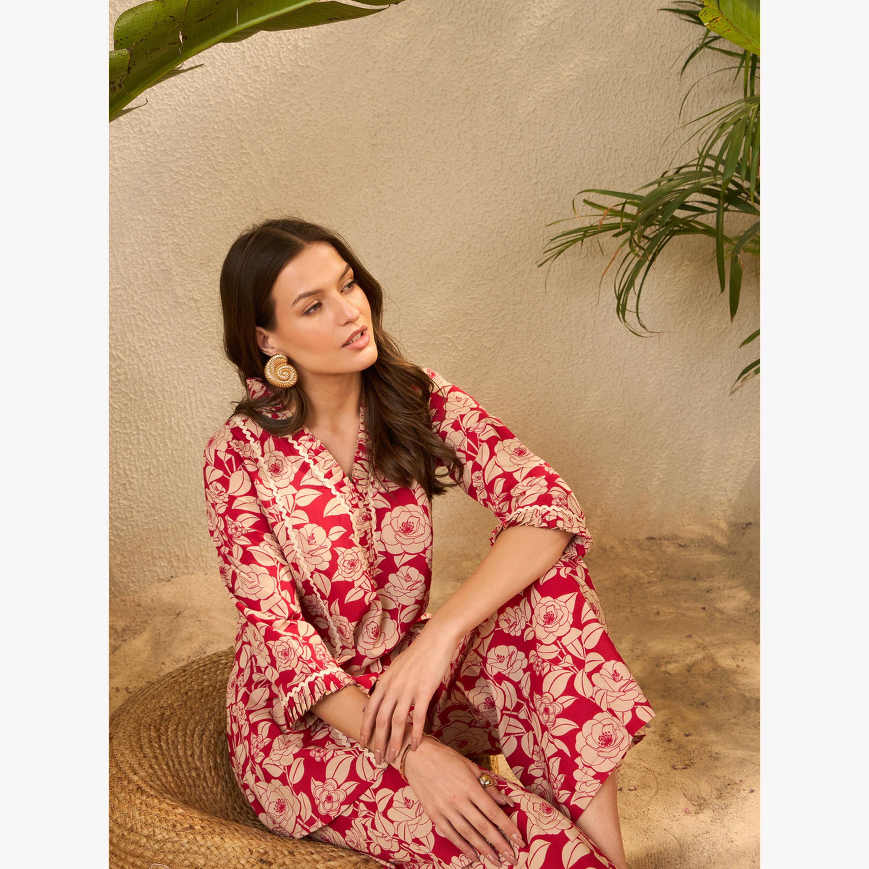 Imana X Styli Red Floral Printed Pure Cotton Top and Trousers Co-Ords-women-clothing-coordsets-image-4