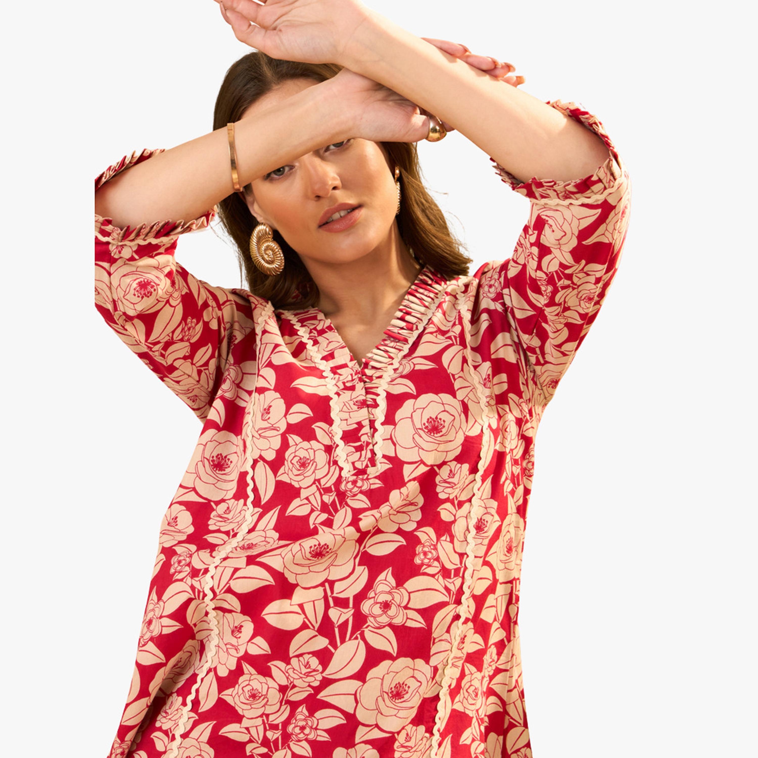 Imana X Styli Red Floral Printed Pure Cotton Top and Trousers Co-Ords-women-clothing-coordsets-image-5