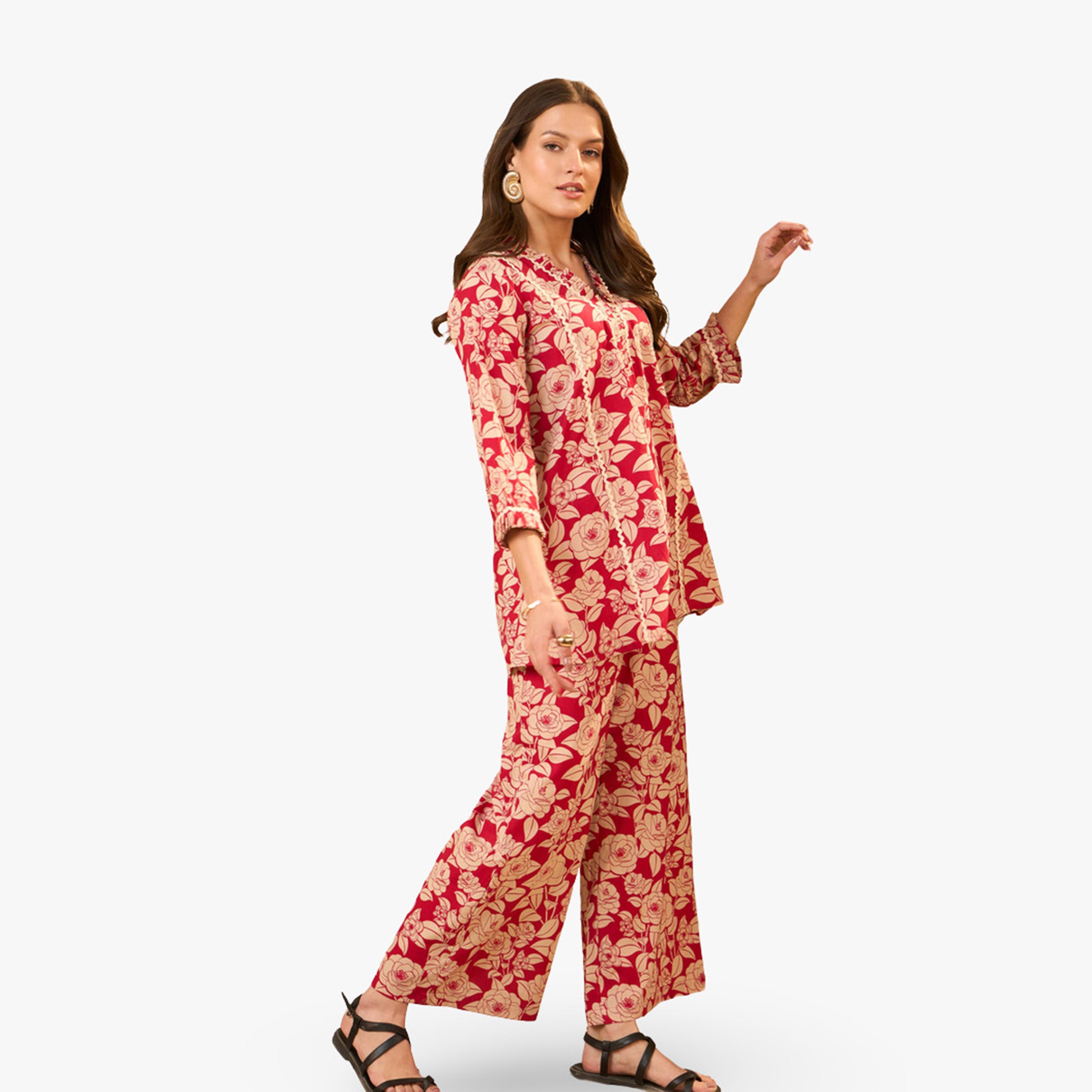 Imana X Styli Red Floral Printed Pure Cotton Top and Trousers Co-Ords-women-clothing-coordsets-image-6