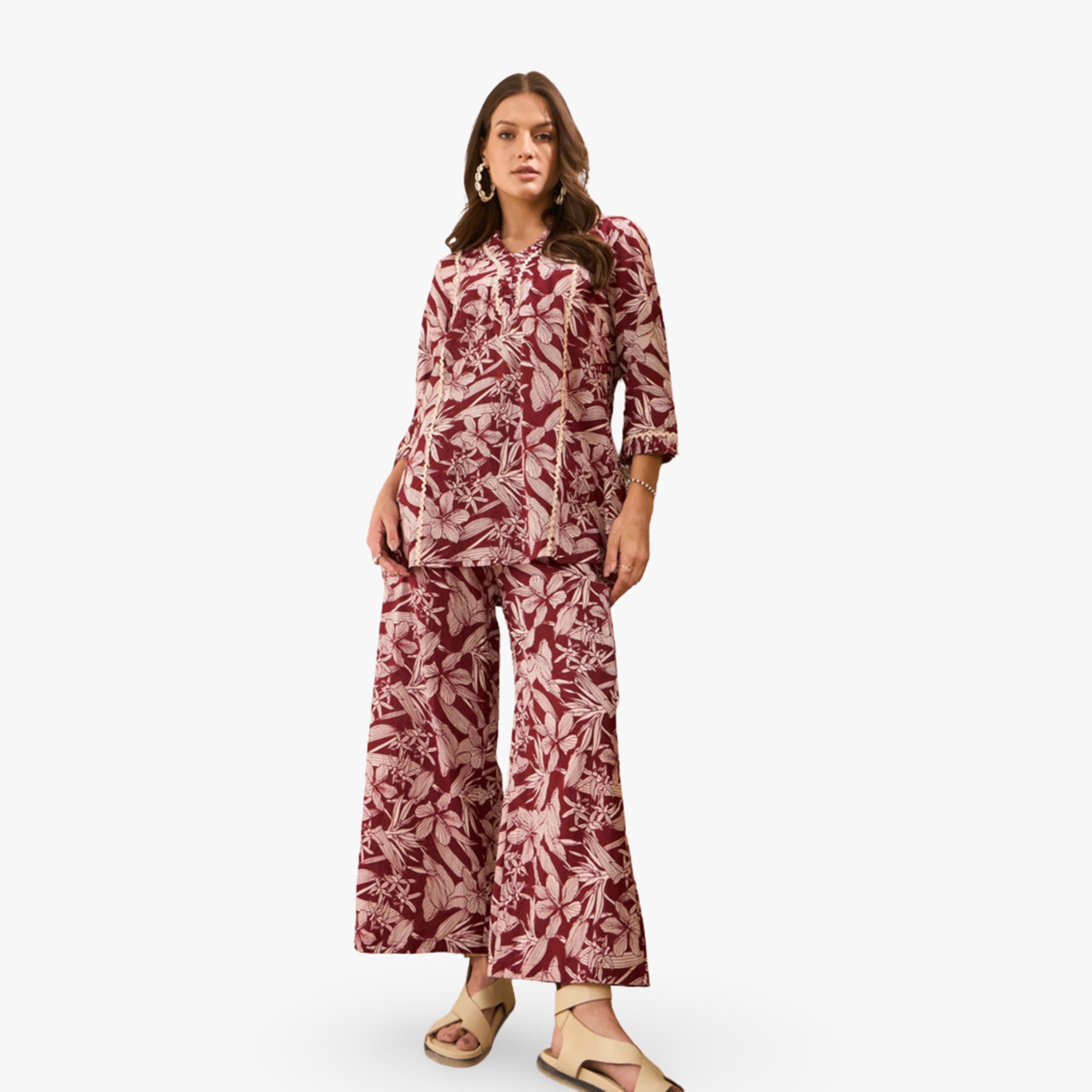 Imana X Styli Brown Floral Printed Pure Cotton Top and Trousers Co-Ords-women-clothing-coordsets-image-1