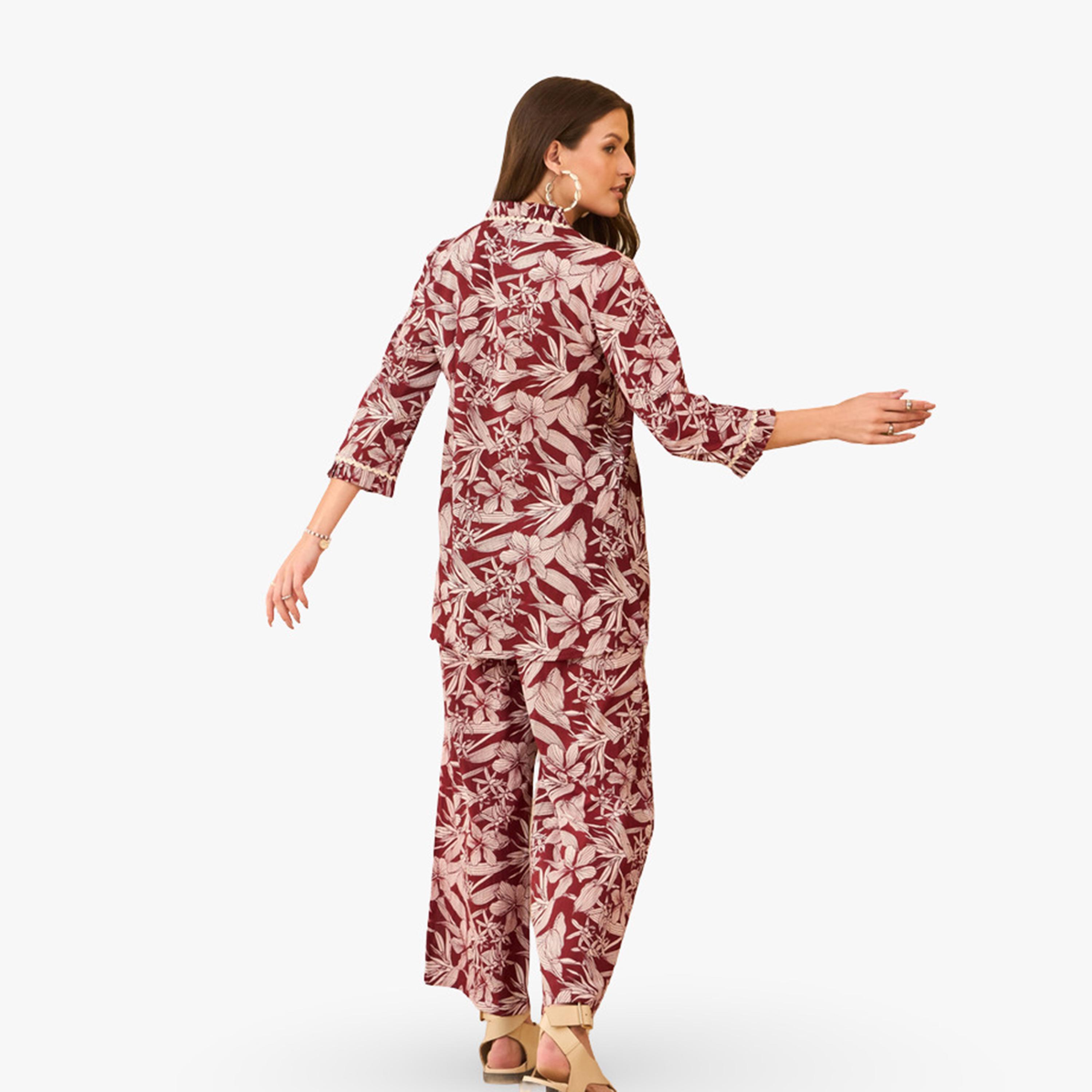 طقم منسق من بلوزة وبنطال قطن خالص بطبعة زهور-women-clothing-coordsets-image-2