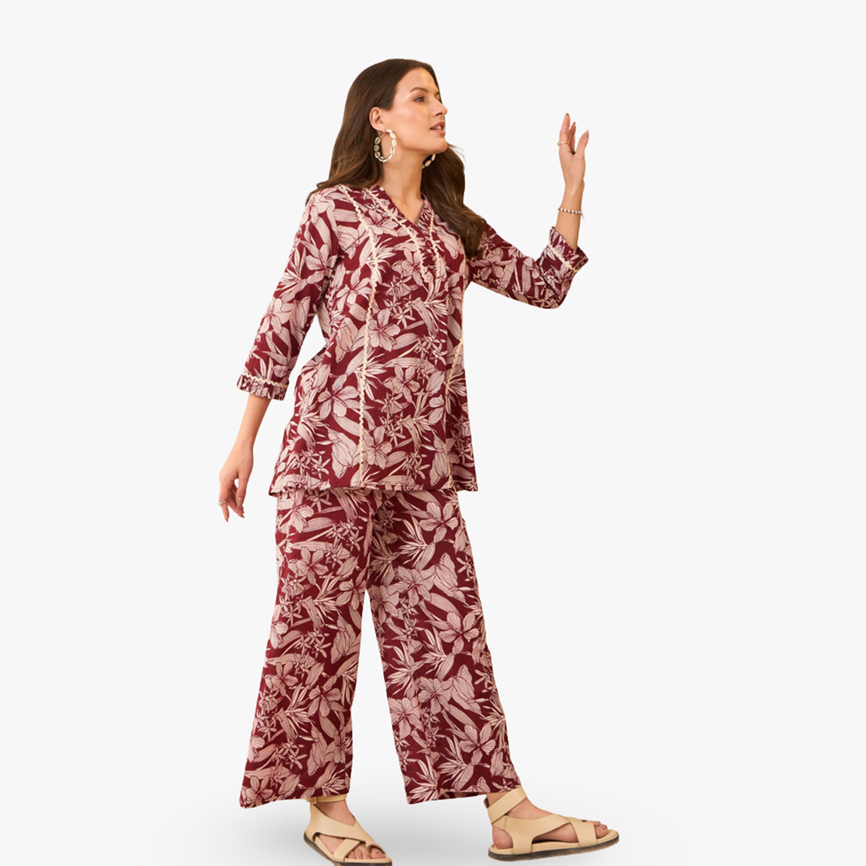 Imana X Styli Brown Floral Printed Pure Cotton Top and Trousers Co-Ords-women-clothing-coordsets-image-3