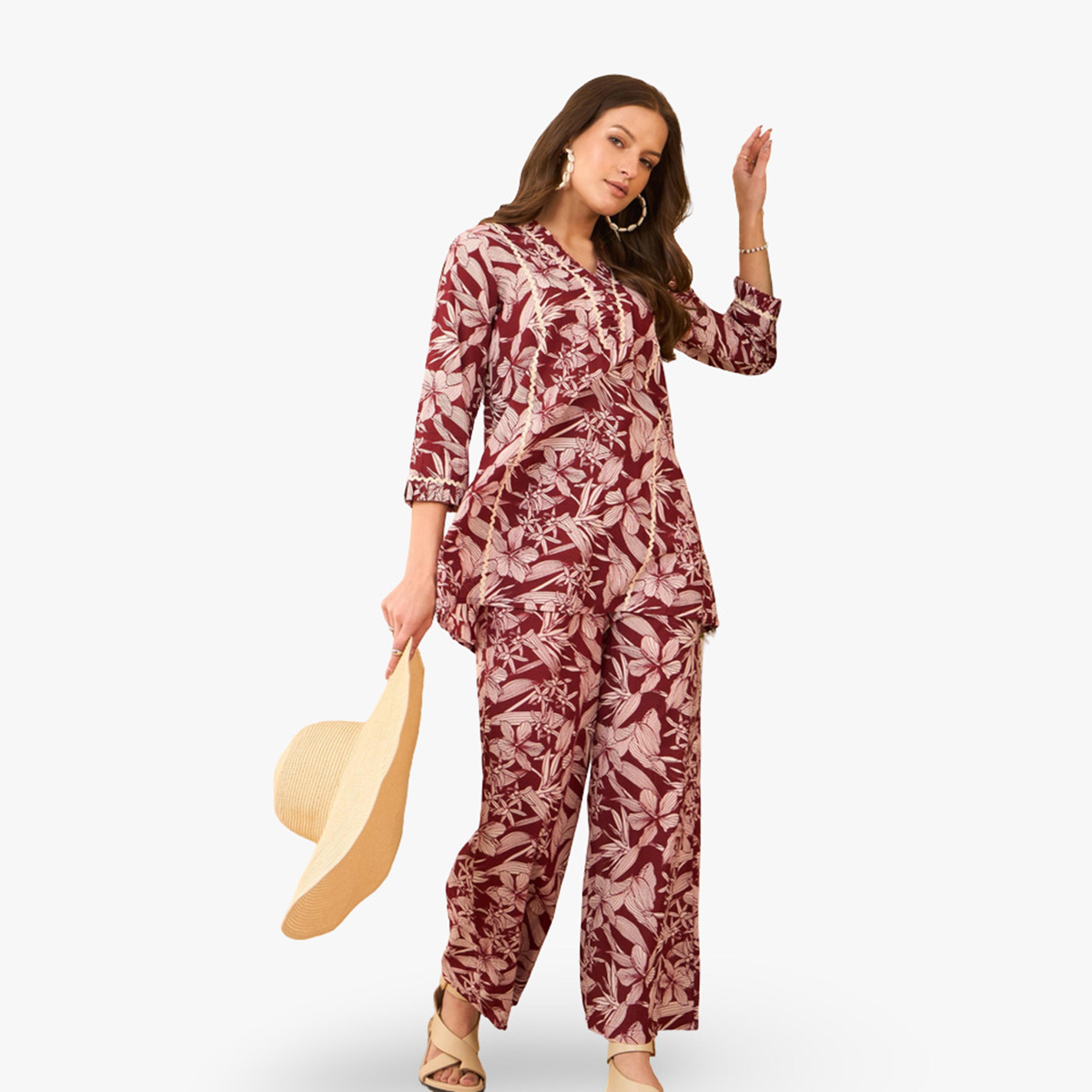 Imana X Styli Brown Floral Printed Pure Cotton Top and Trousers Co-Ords-women-clothing-coordsets-image-5