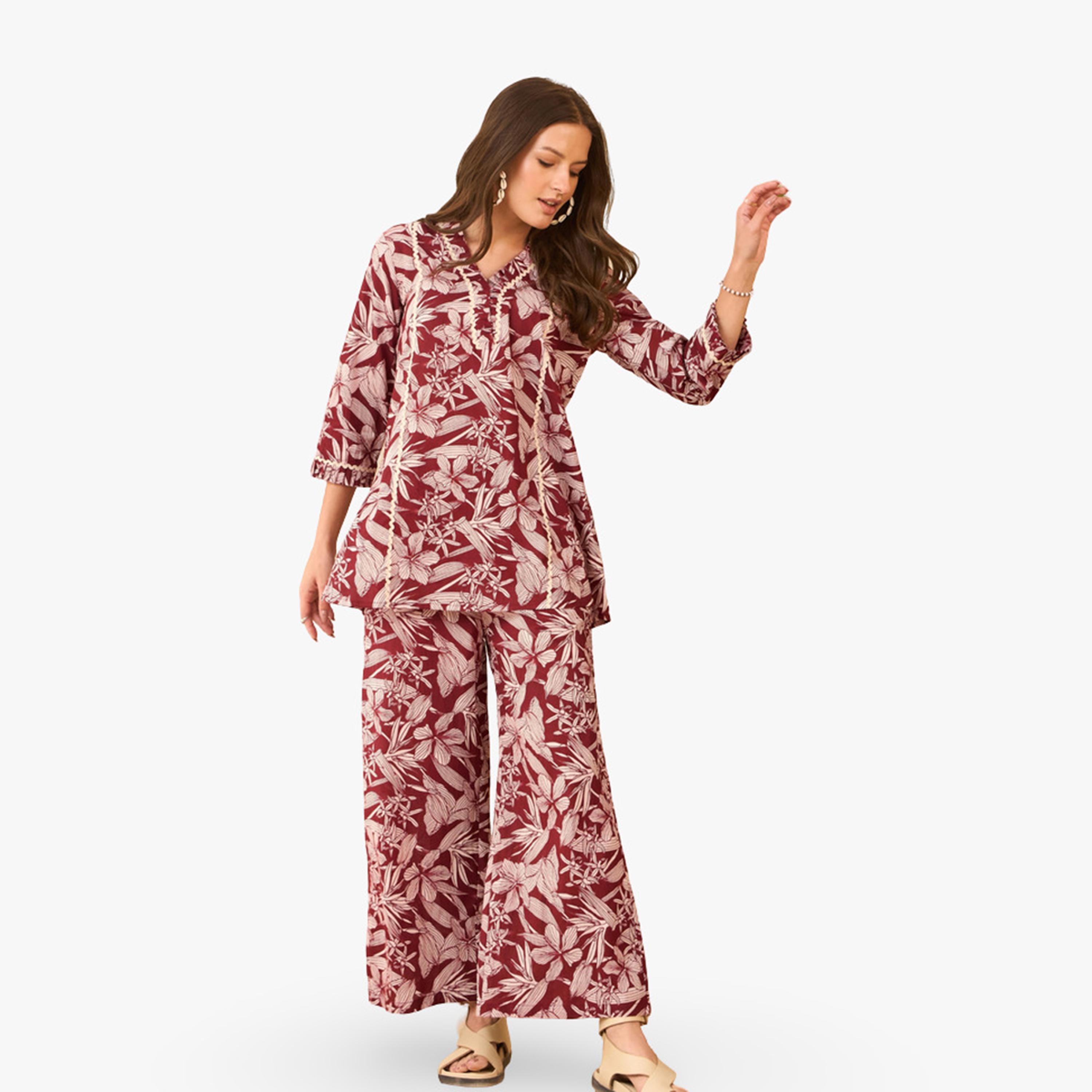 طقم منسق من بلوزة وبنطال قطن خالص بطبعة زهور-women-clothing-coordsets-image-6
