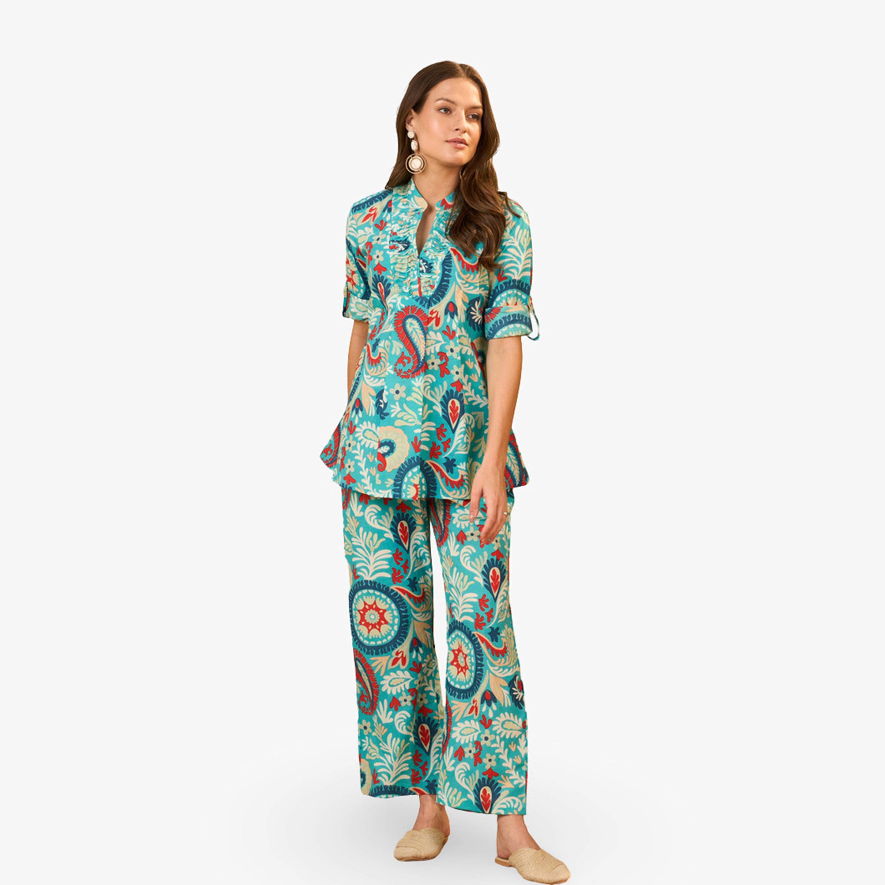 Imana X Styli Blue Printed Pure Cotton Tunic and Palazzo Co-Ords-women-clothing-coordsets-image-1