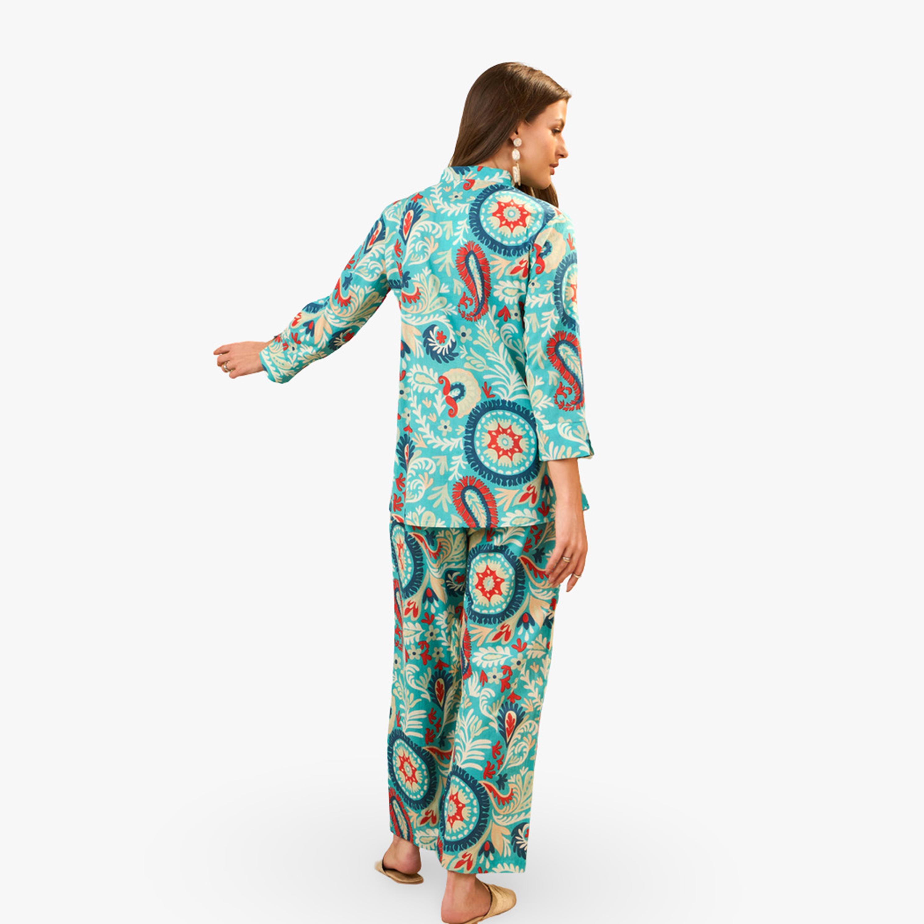 طقم منسق من تونيك وبنطال بالازو قطن خالص مطبوع-women-clothing-coordsets-image-2