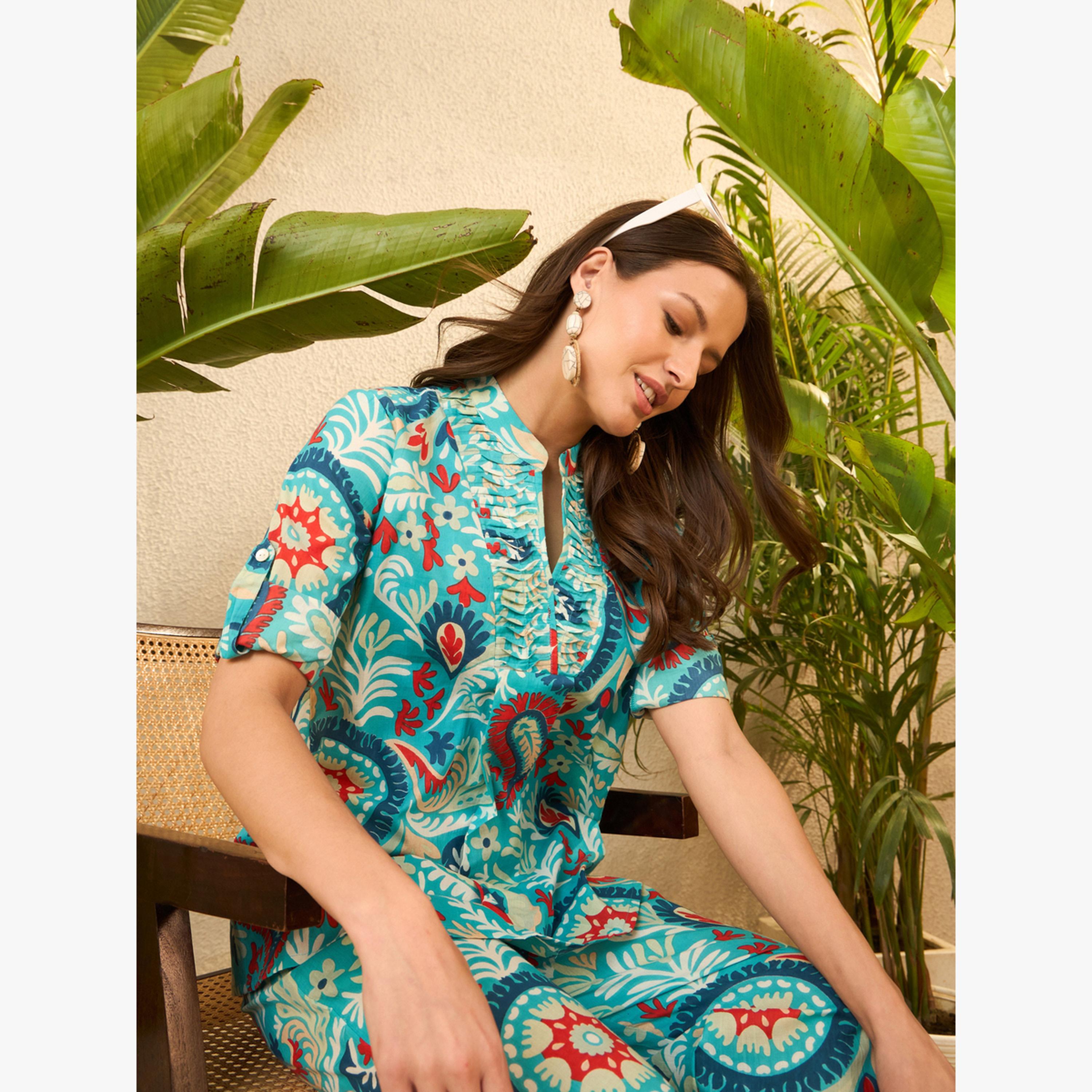 طقم منسق من تونيك وبنطال بالازو قطن خالص مطبوع-women-clothing-coordsets-image-3