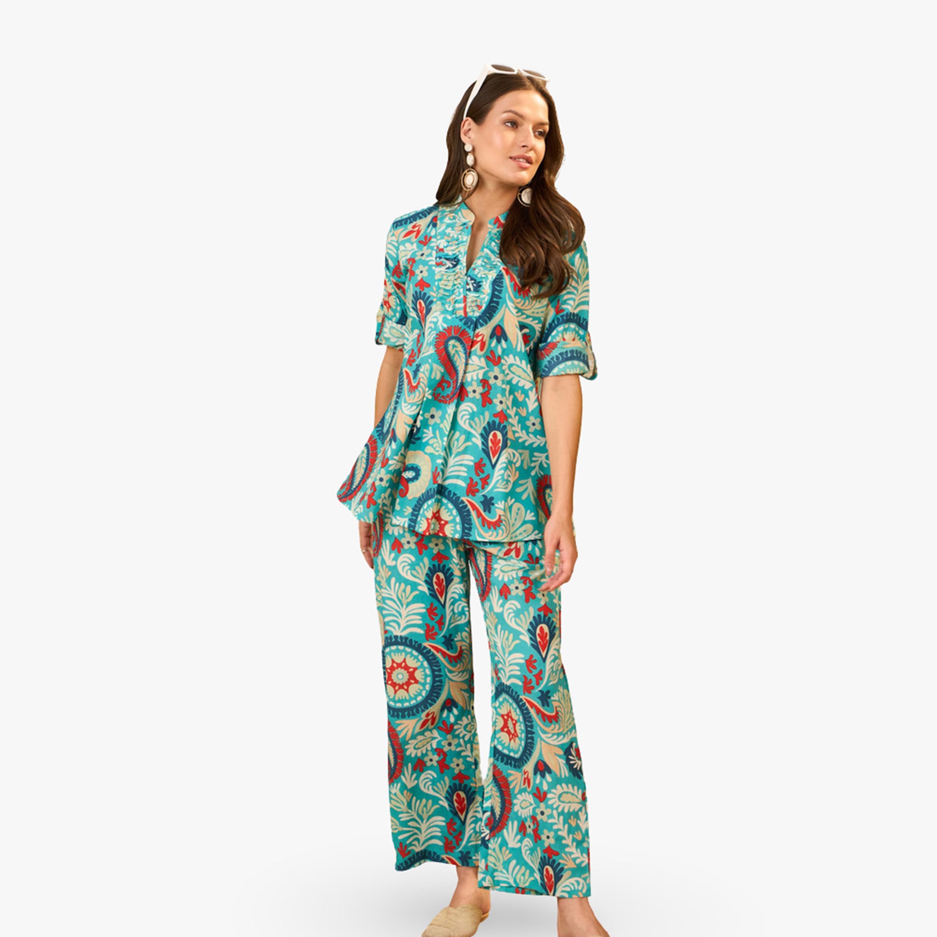 طقم منسق من تونيك وبنطال بالازو قطن خالص مطبوع-women-clothing-coordsets-image-4