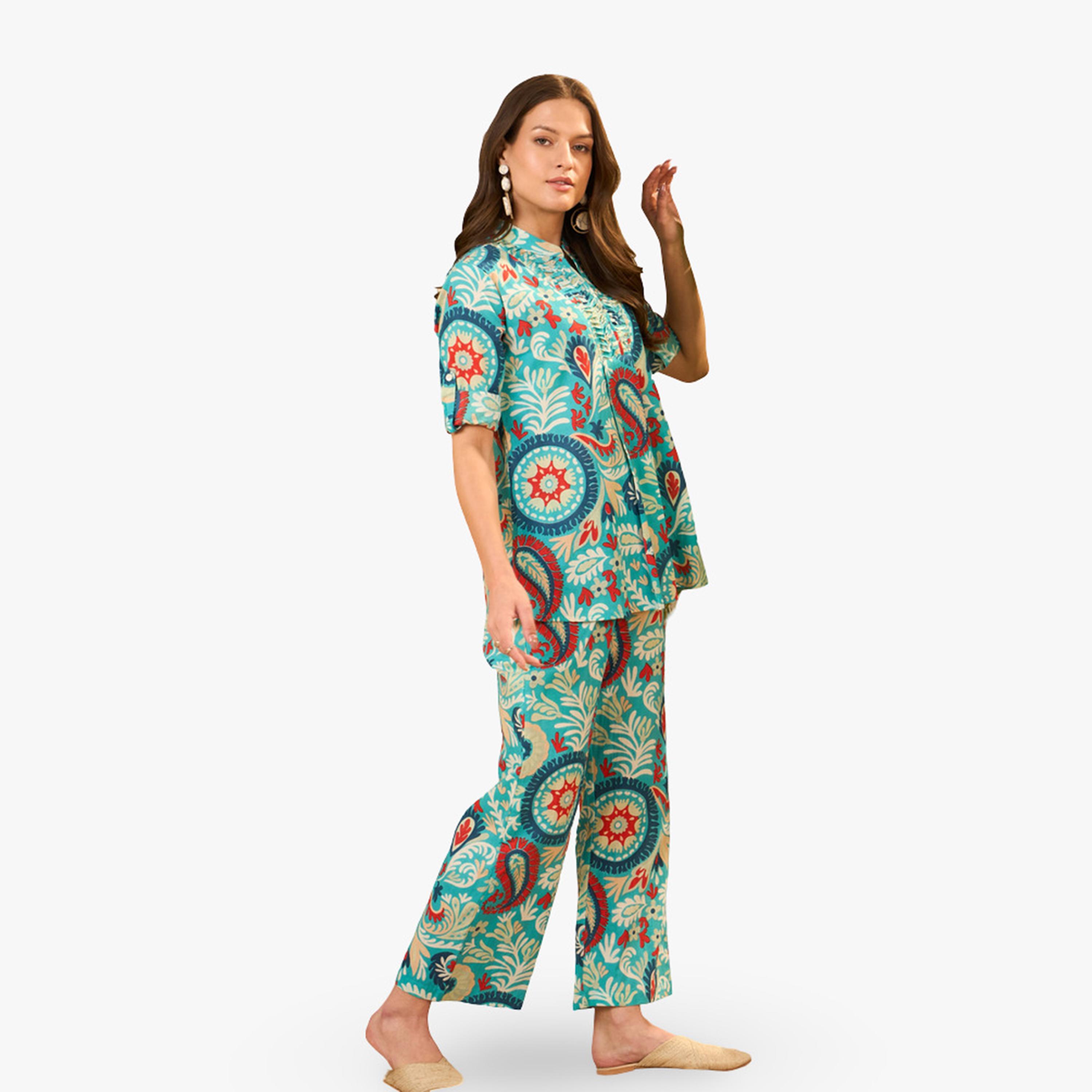 طقم منسق من تونيك وبنطال بالازو قطن خالص مطبوع-women-clothing-coordsets-image-5
