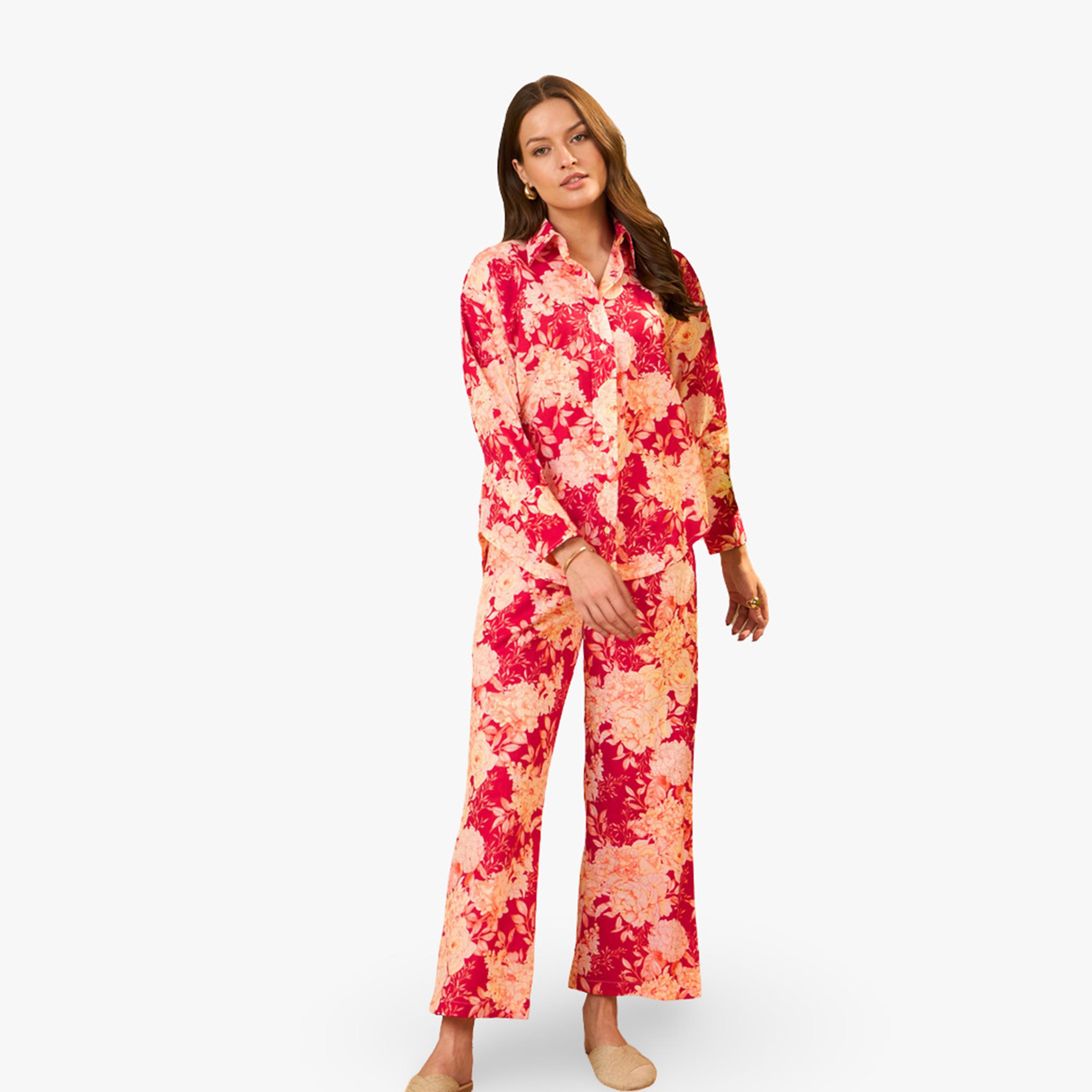 طقم منسق من قميص وبنطال قطن خالص بطبعة زهور-women-clothing-coordsets-image-1