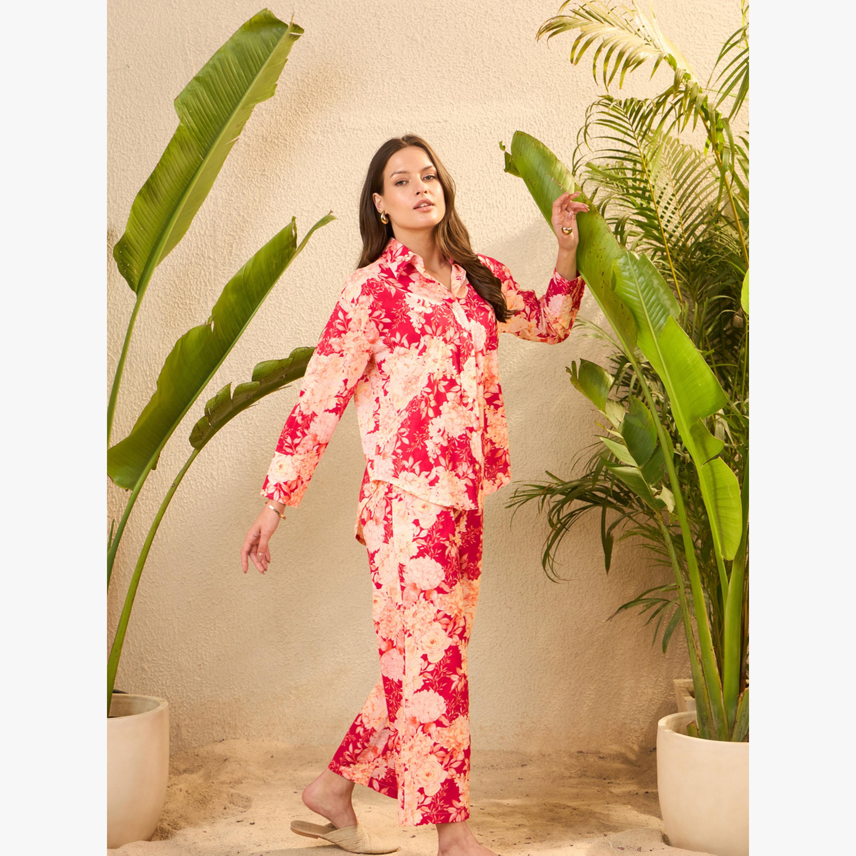 طقم منسق من قميص وبنطال قطن خالص بطبعة زهور-women-clothing-coordsets-image-3