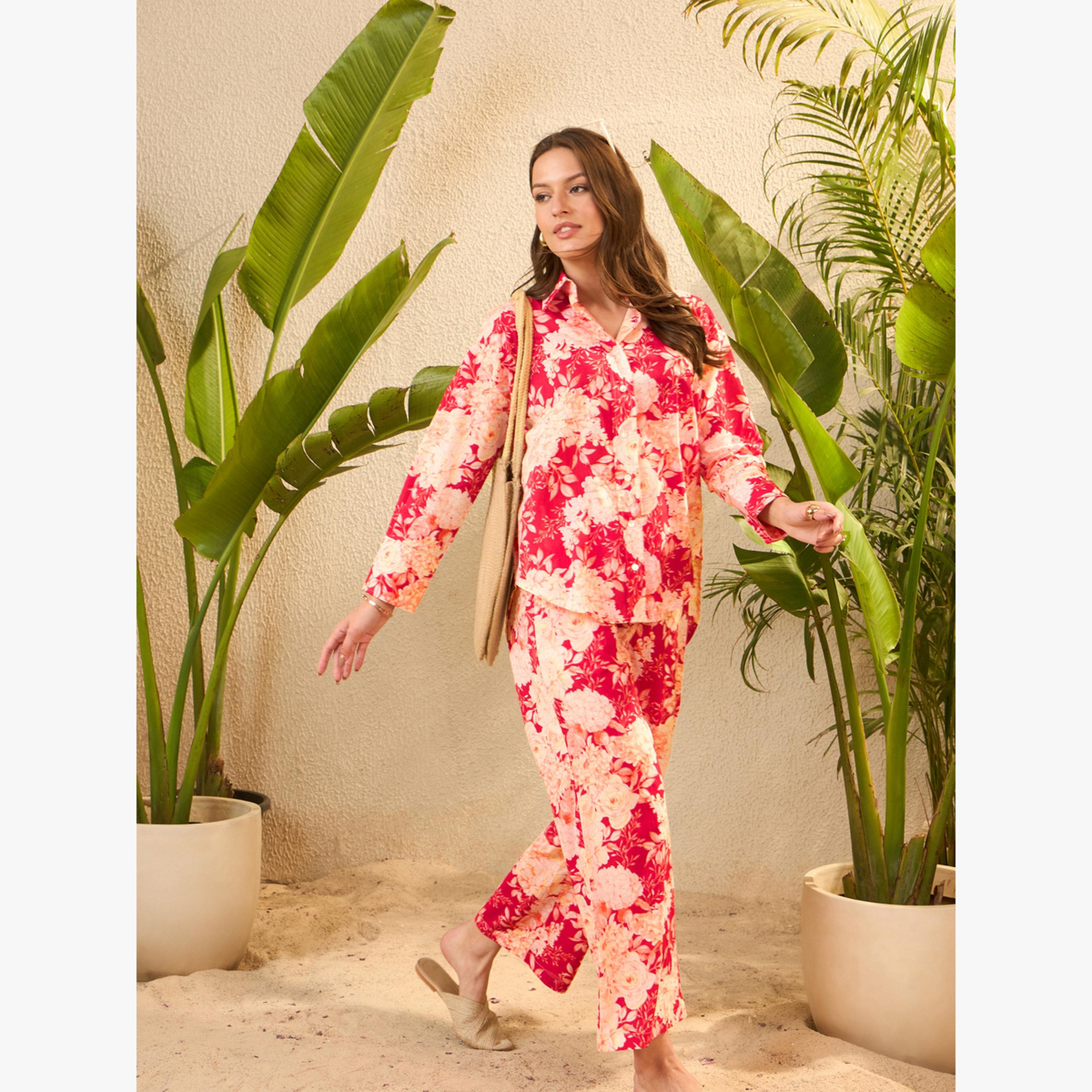 طقم منسق من قميص وبنطال قطن خالص بطبعة زهور-women-clothing-coordsets-image-4