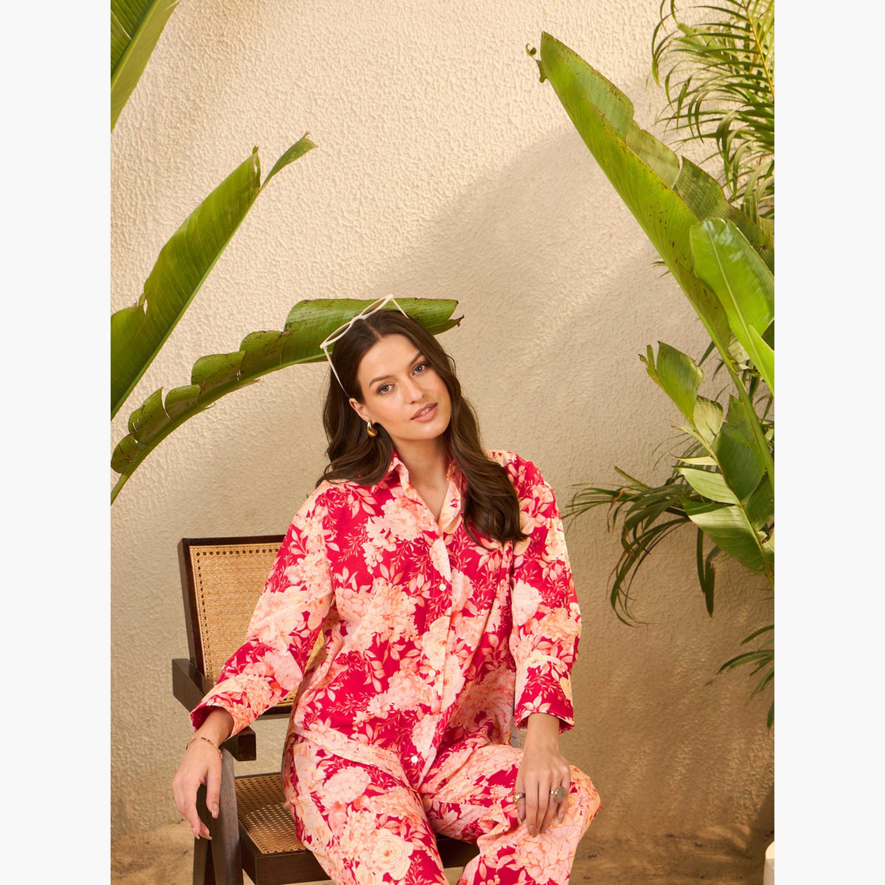 طقم منسق من قميص وبنطال قطن خالص بطبعة زهور-women-clothing-coordsets-image-5