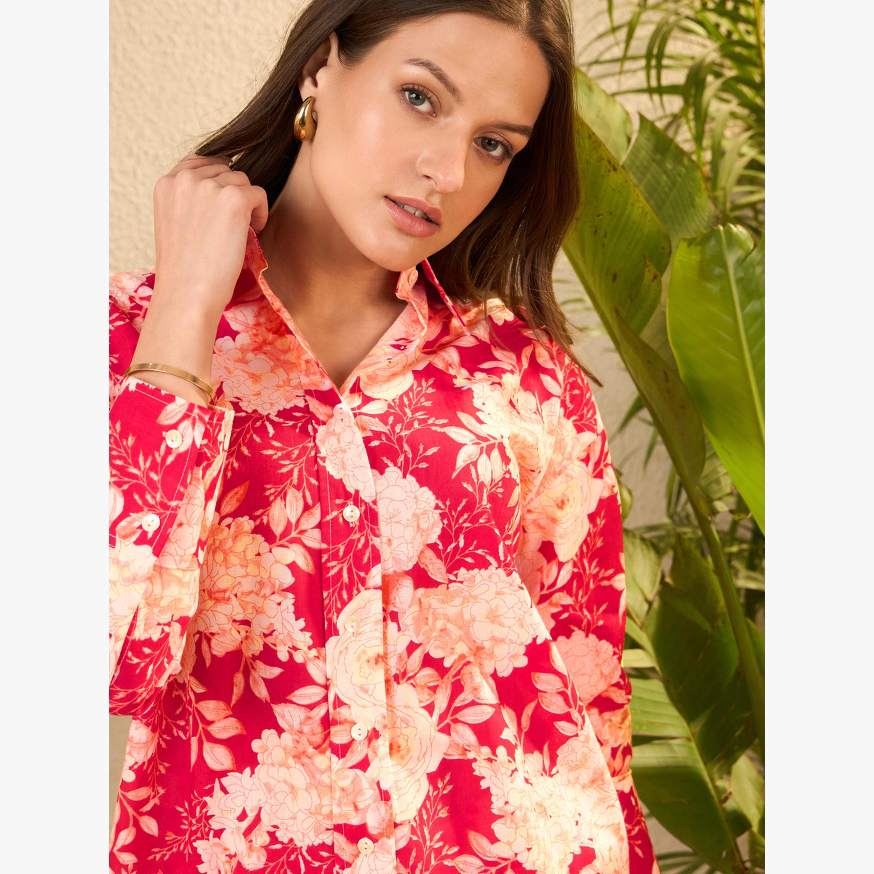 طقم منسق من قميص وبنطال قطن خالص بطبعة زهور-women-clothing-coordsets-image-6