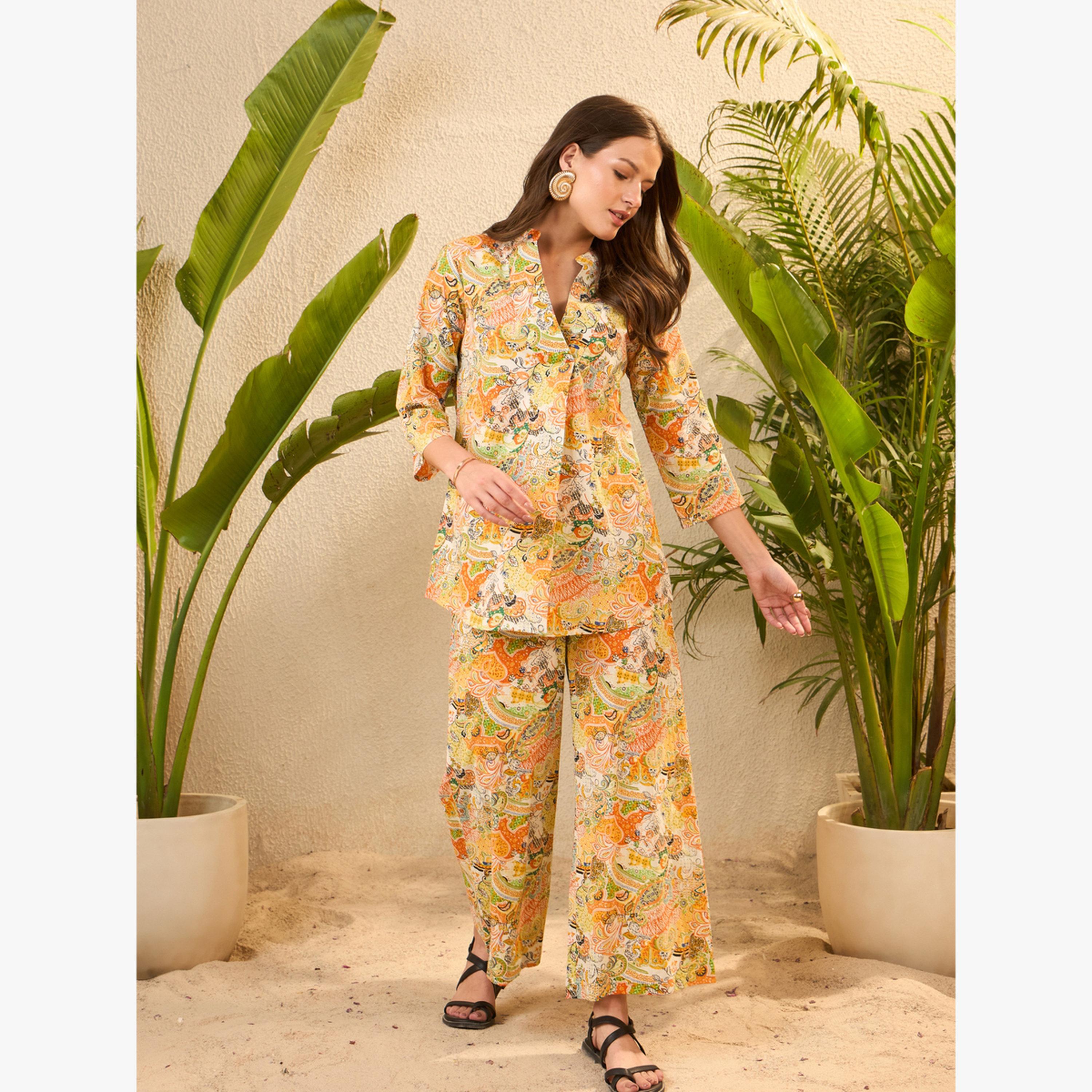 طقم منسق من بلوزة وبنطال قطن خالص مطبوع-women-clothing-coordsets-image-1