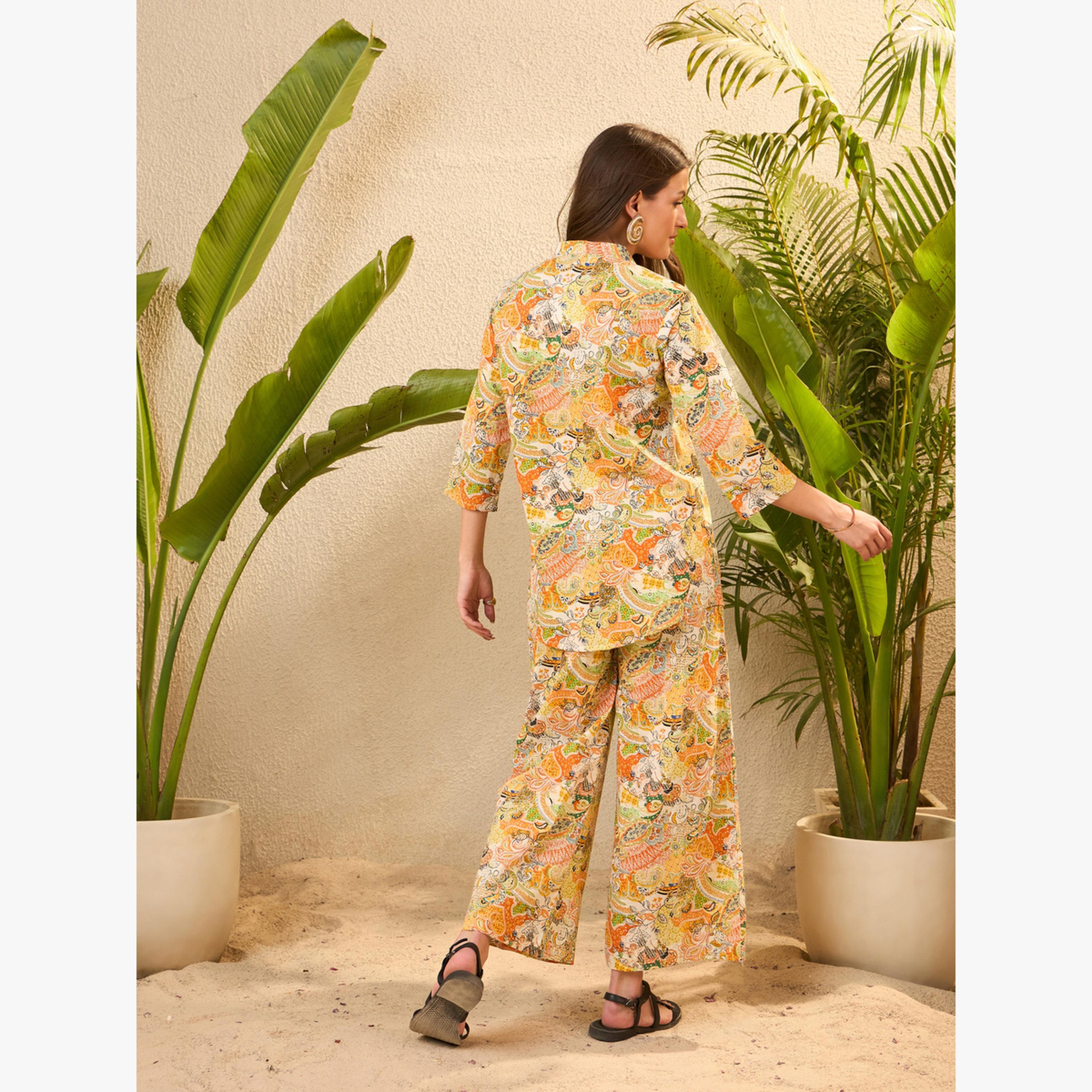 Imana X Styli Yellow Printed Pure Cotton Top and Trousers Co-Ords-women-clothing-coordsets-image-2