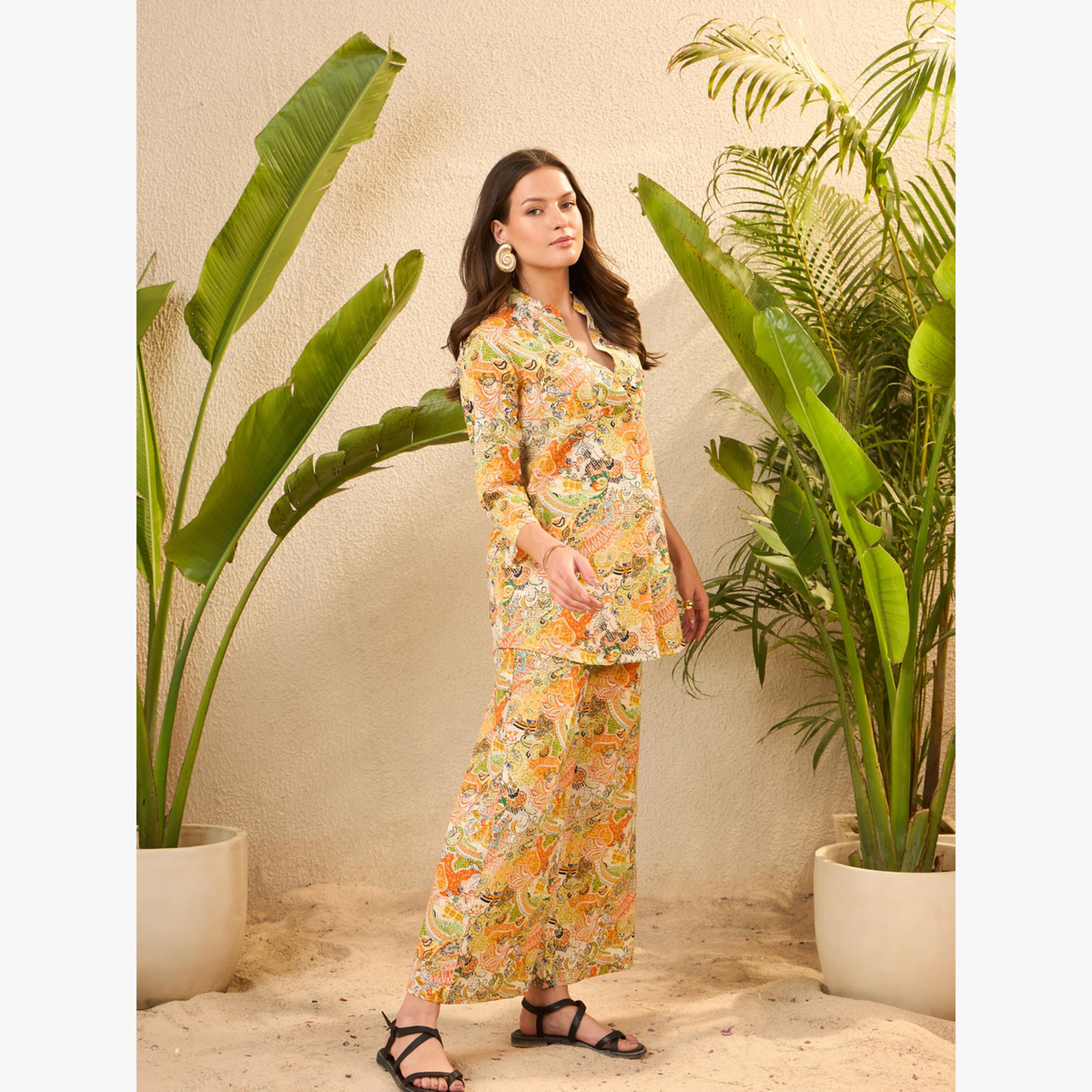 طقم منسق من بلوزة وبنطال قطن خالص مطبوع-women-clothing-coordsets-image-3