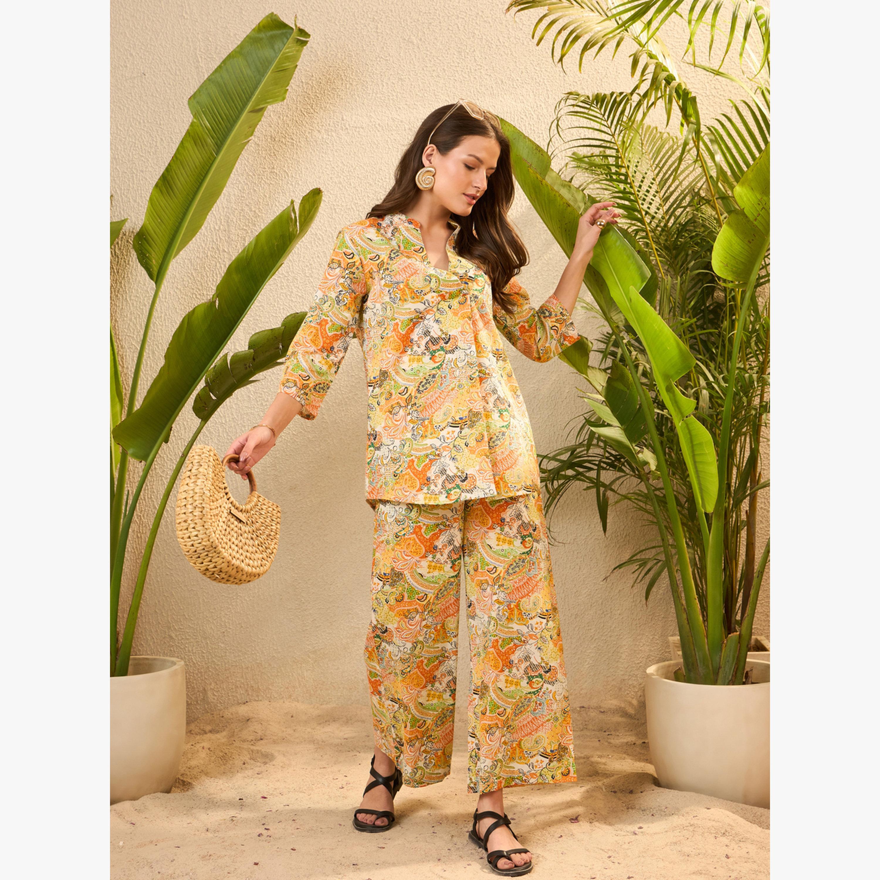 Imana X Styli Yellow Printed Pure Cotton Top and Trousers Co-Ords-women-clothing-coordsets-image-4