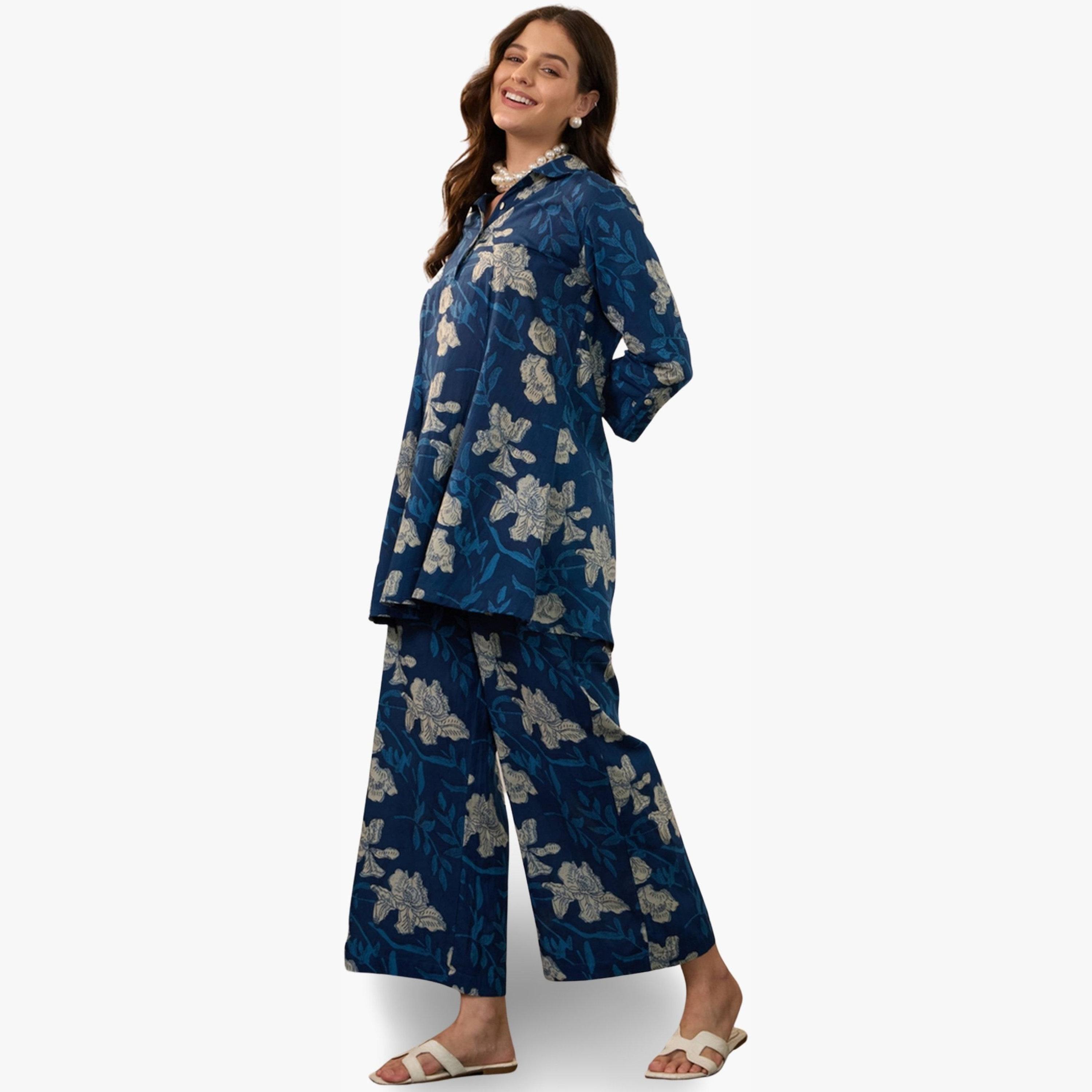 Imana X Styli Blue Printed Pure Cotton Top with Trousers Co-Ords-women-clothing-coordsets-image-3