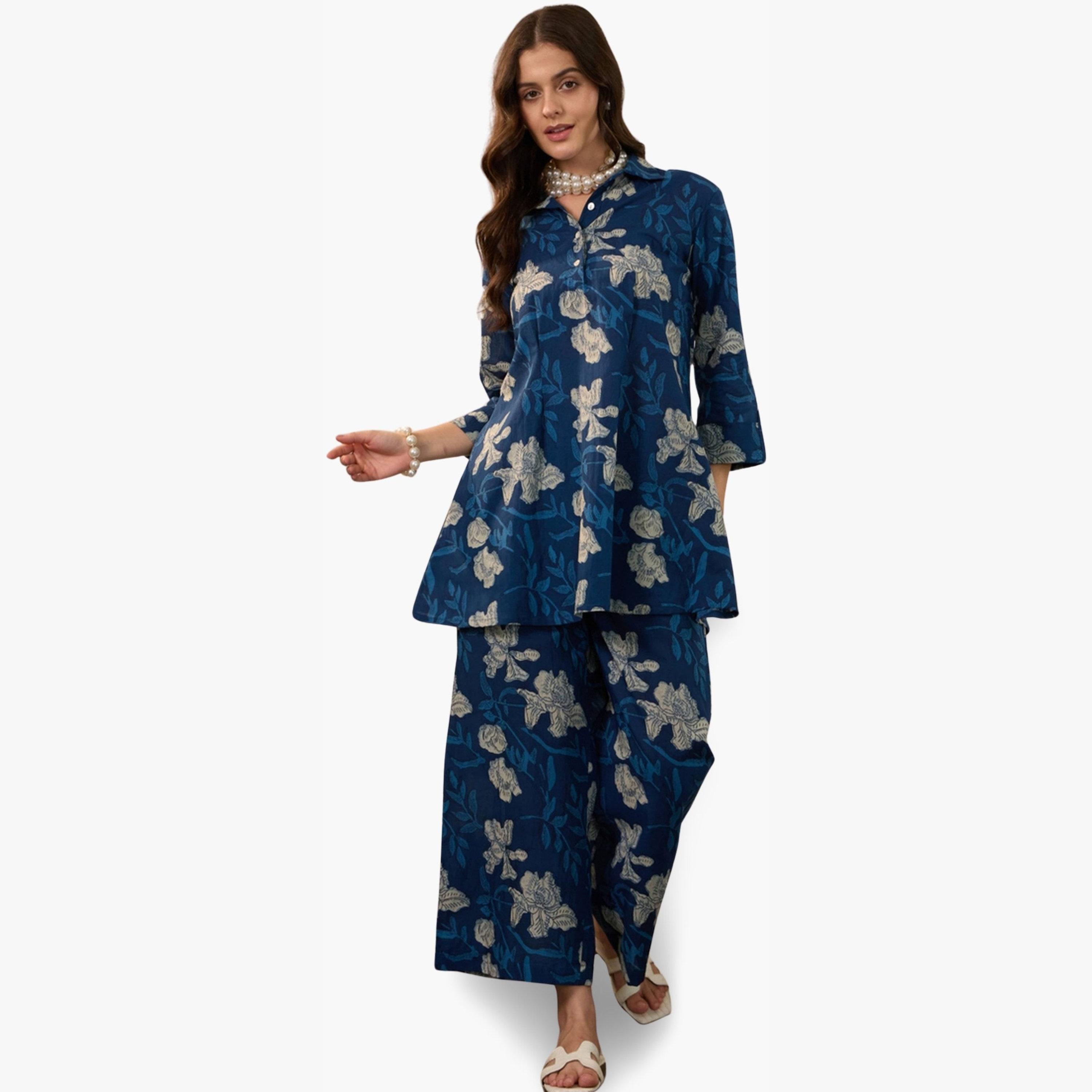 طقم منسق من بلوزة مع بنطال قطن خالص مطبوع-women-clothing-coordsets-image-4