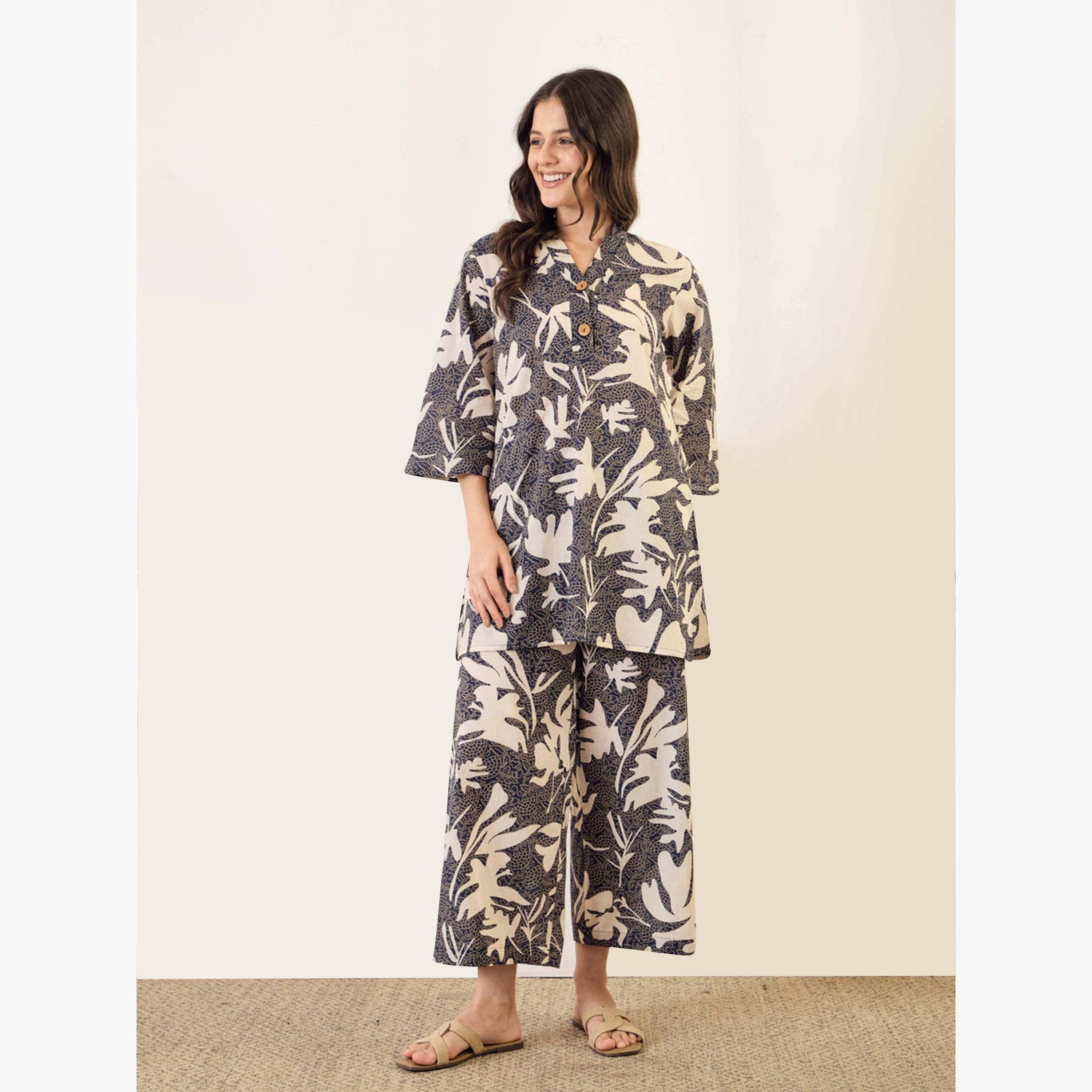 Imana X Styli Black Printed Pure Cotton Top with Trousers Co-Ords-women-clothing-coordsets-image-1