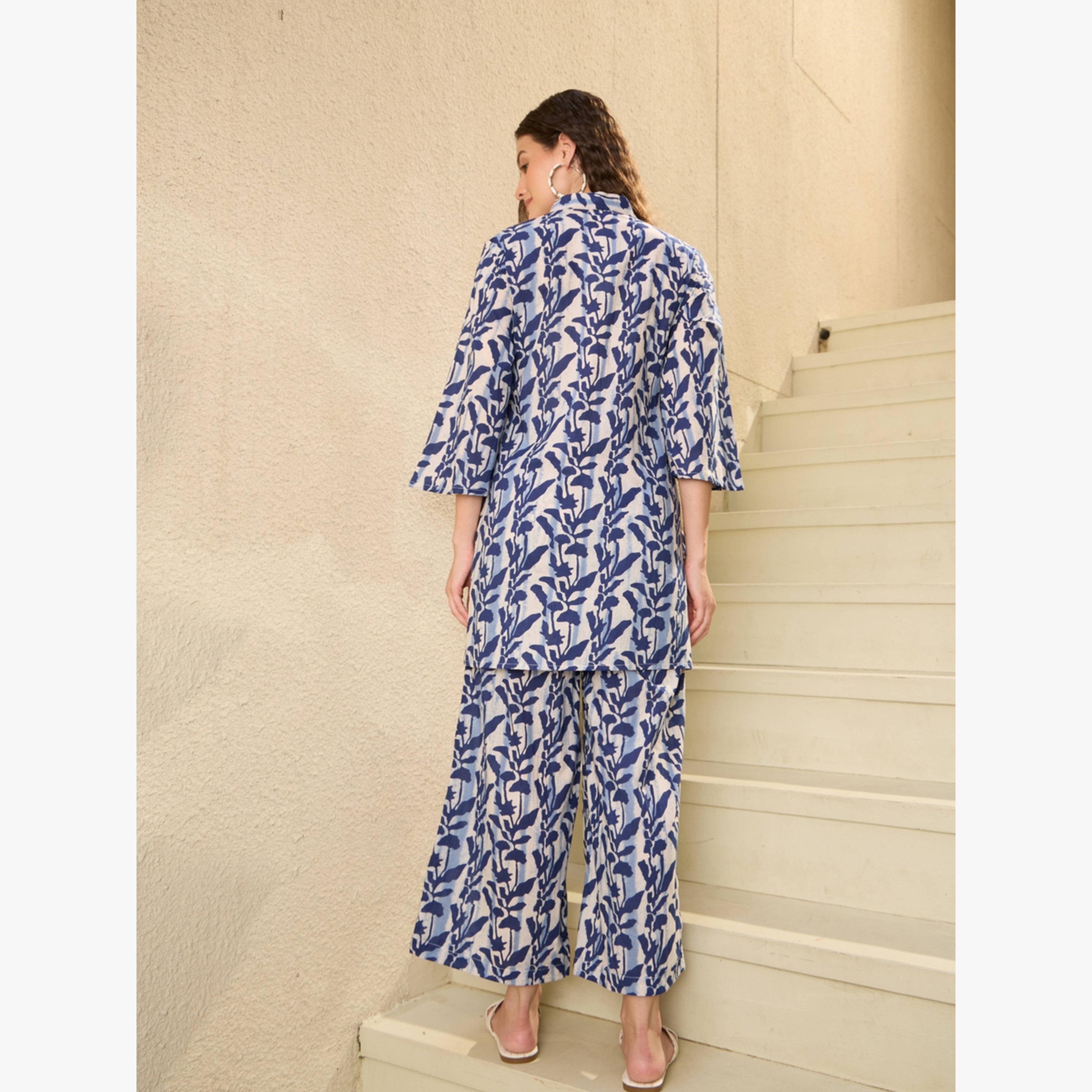 Imana X Styli Blue Printed Pure Cotton Top with Trousers Co-Ords-women-clothing-coordsets-image-2