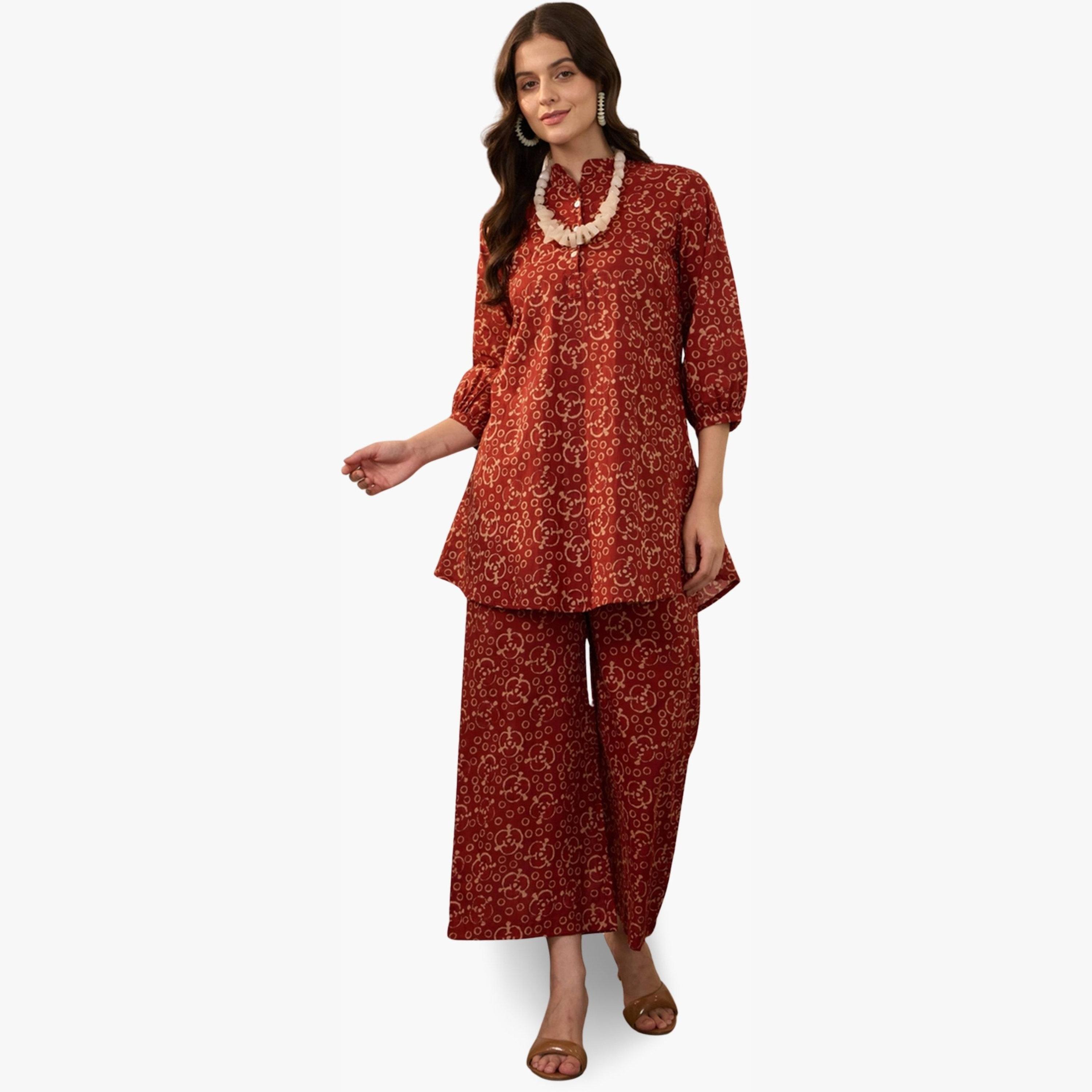 Imana X Styli Maroon Printed Pure Cotton Top with Palazzo Co-Ords-women-clothing-coordsets-image-1