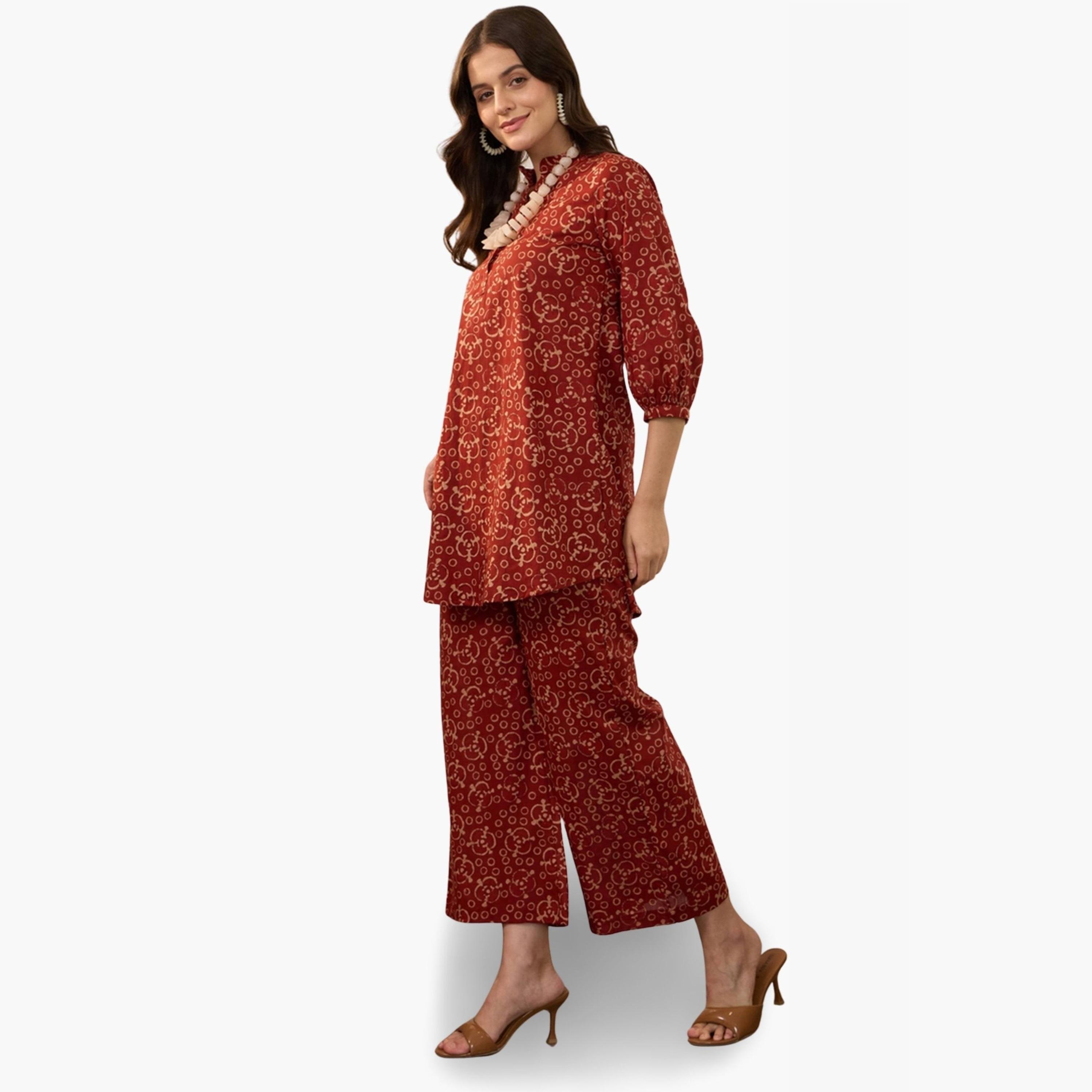 Imana X Styli Maroon Printed Pure Cotton Top with Palazzo Co-Ords-women-clothing-coordsets-image-3