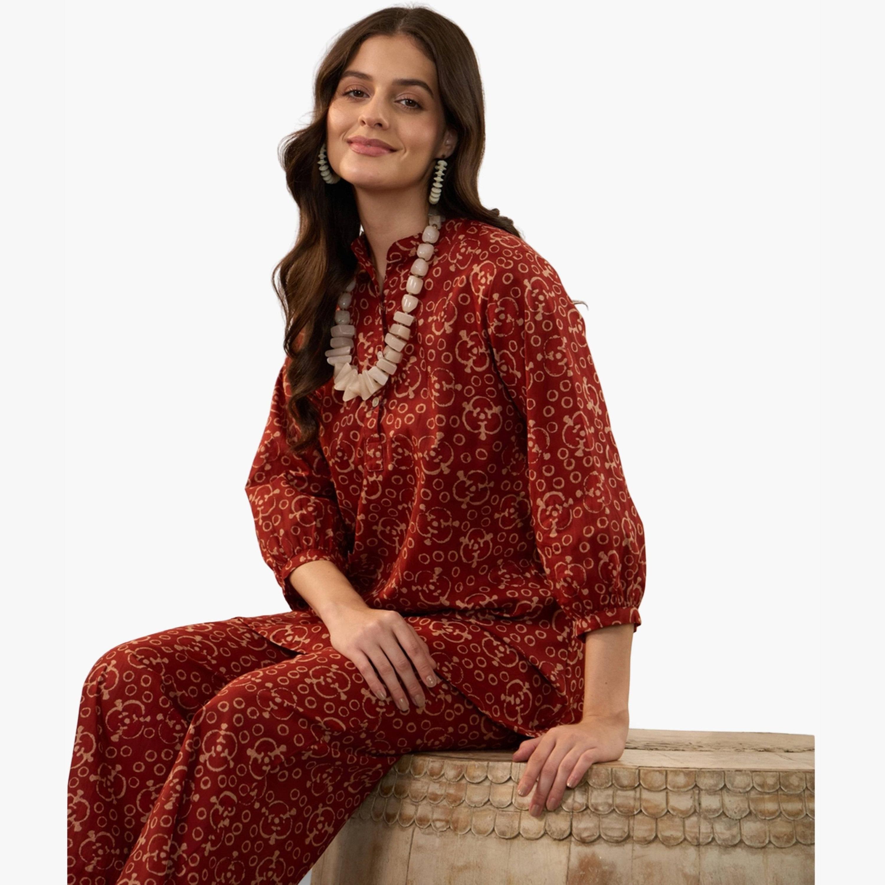 طقم منسق من بلوزة مع بنطال بالازو قطن خالص مطبوع-women-clothing-coordsets-image-4