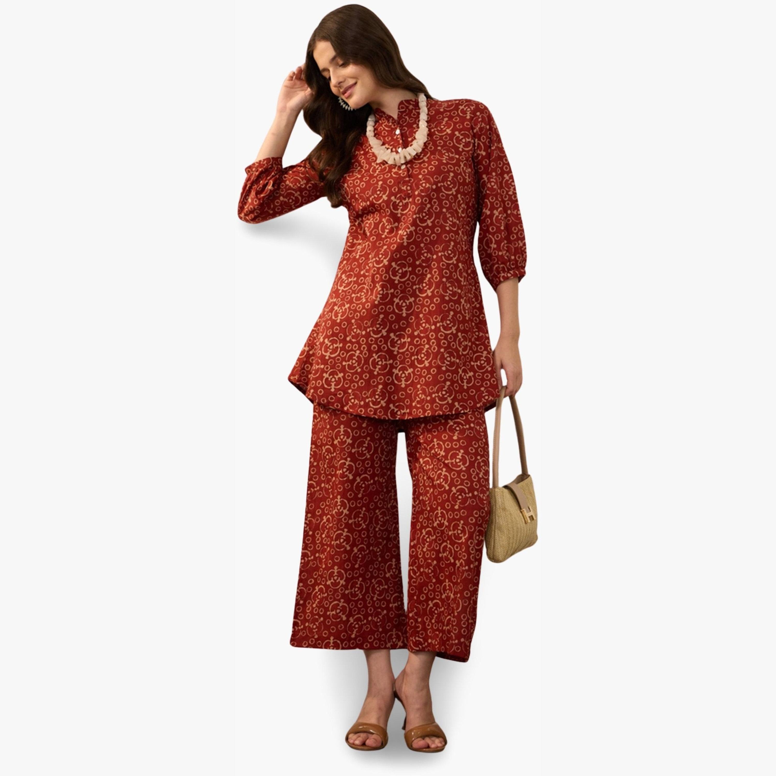 طقم منسق من بلوزة مع بنطال بالازو قطن خالص مطبوع-women-clothing-coordsets-image-5