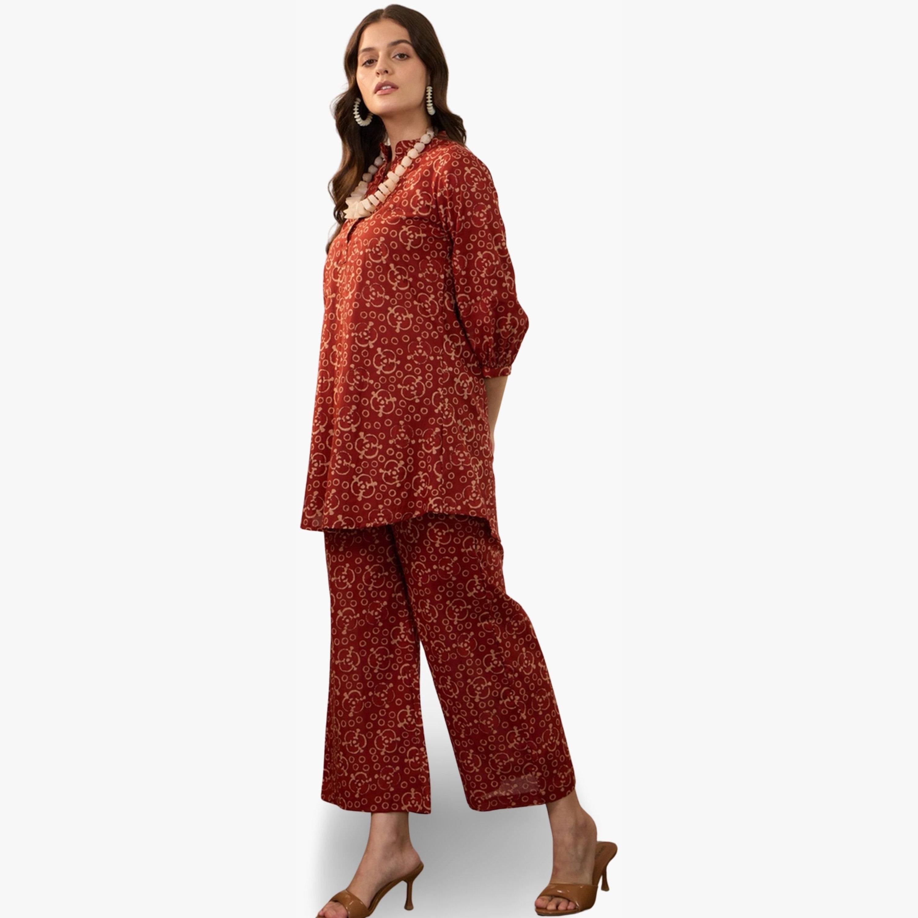 Imana X Styli Maroon Printed Pure Cotton Top with Palazzo Co-Ords-women-clothing-coordsets-image-6