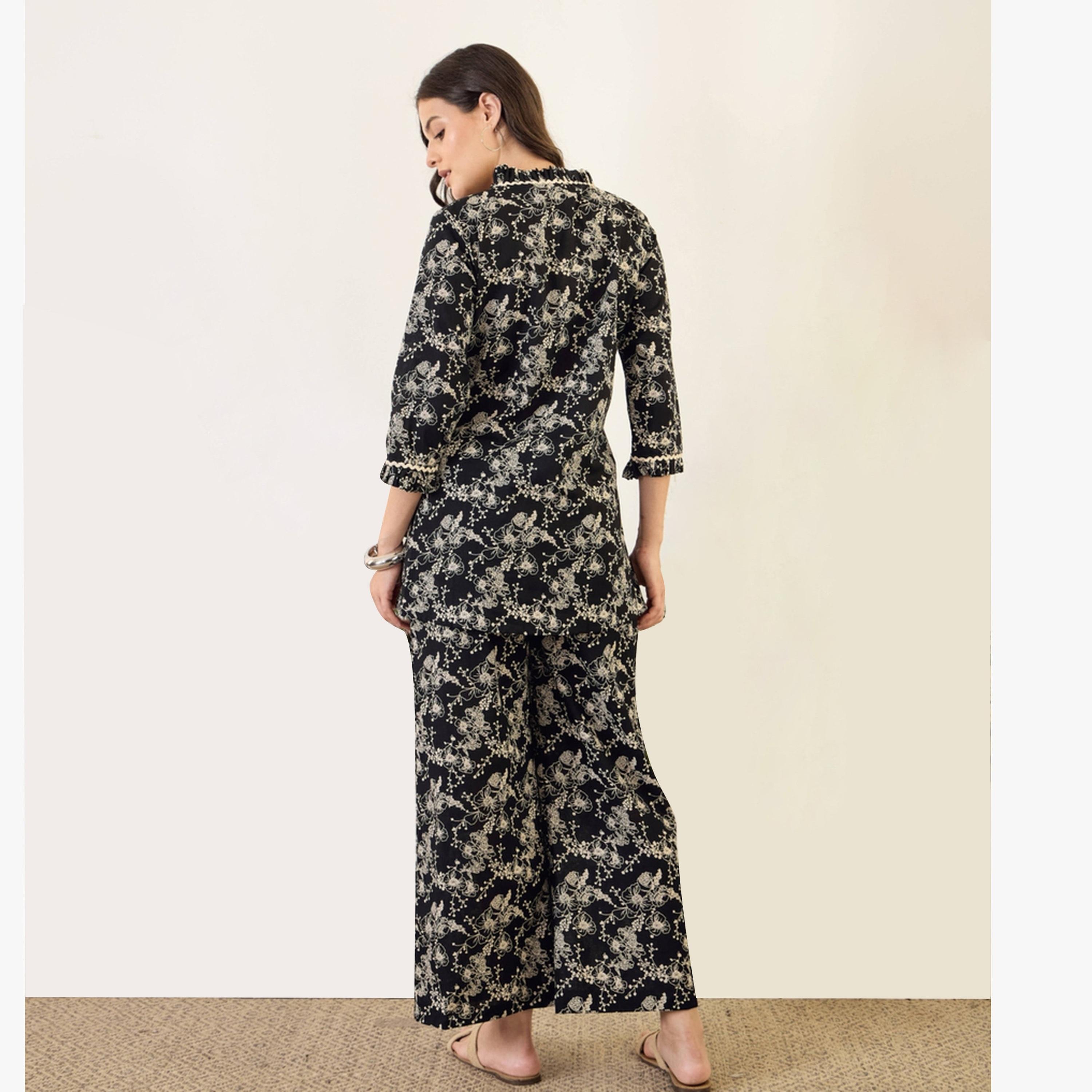 Imana X Styli Black Floral Pure Cotton Top with Trousers Co-Ords-women-clothing-coordsets-image-2