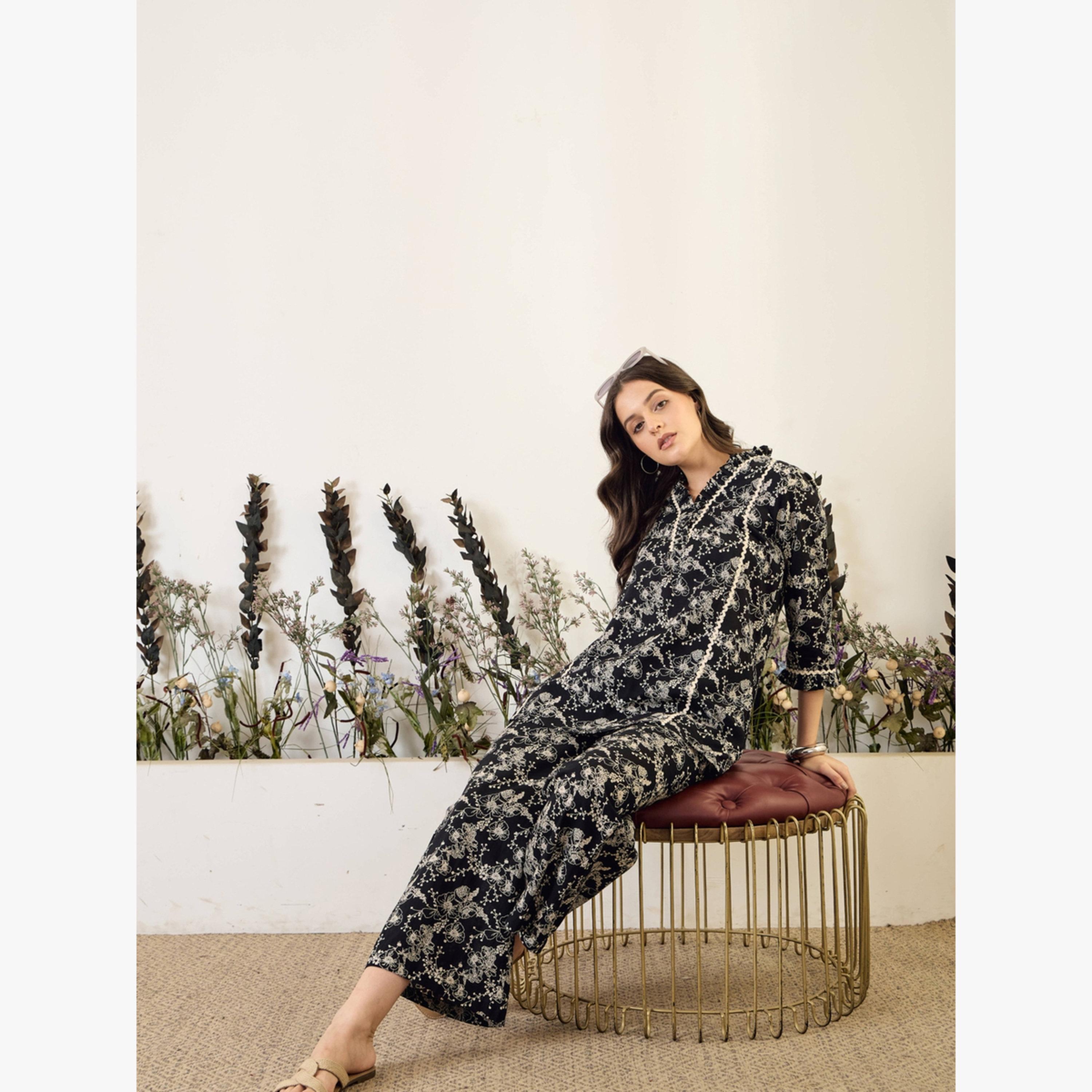 Imana X Styli Black Floral Pure Cotton Top with Trousers Co-Ords-women-clothing-coordsets-image-3