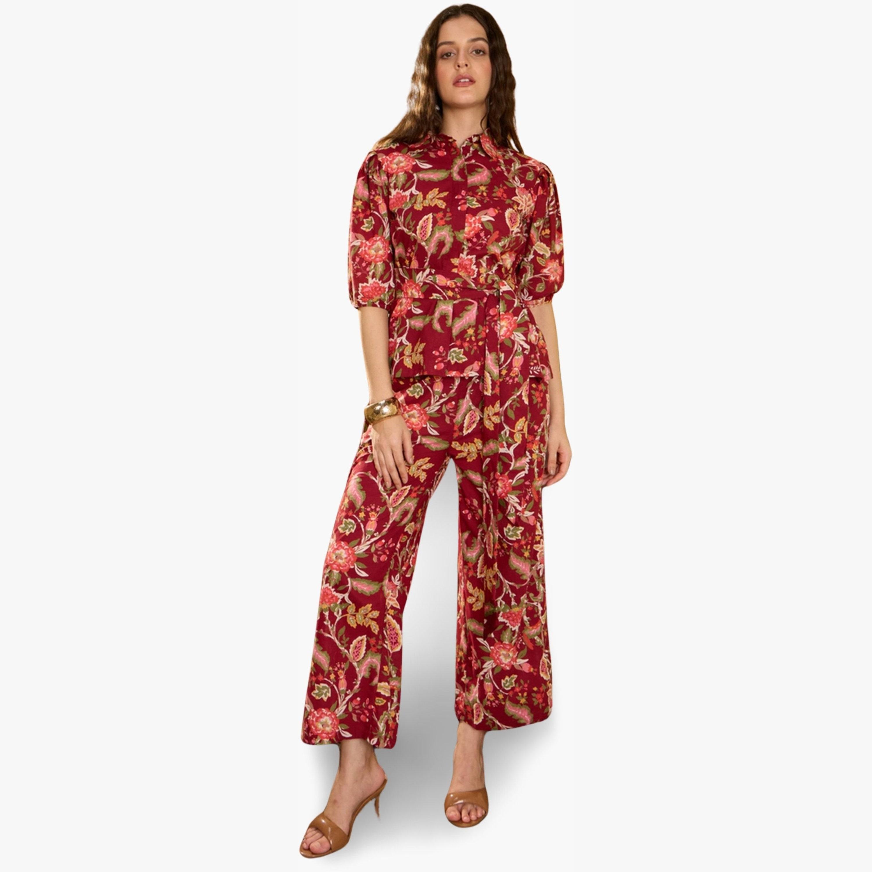 طقم منسق من قميص مع بنطال قطن خالص بطبعة زهور-women-clothing-coordsets-image-1