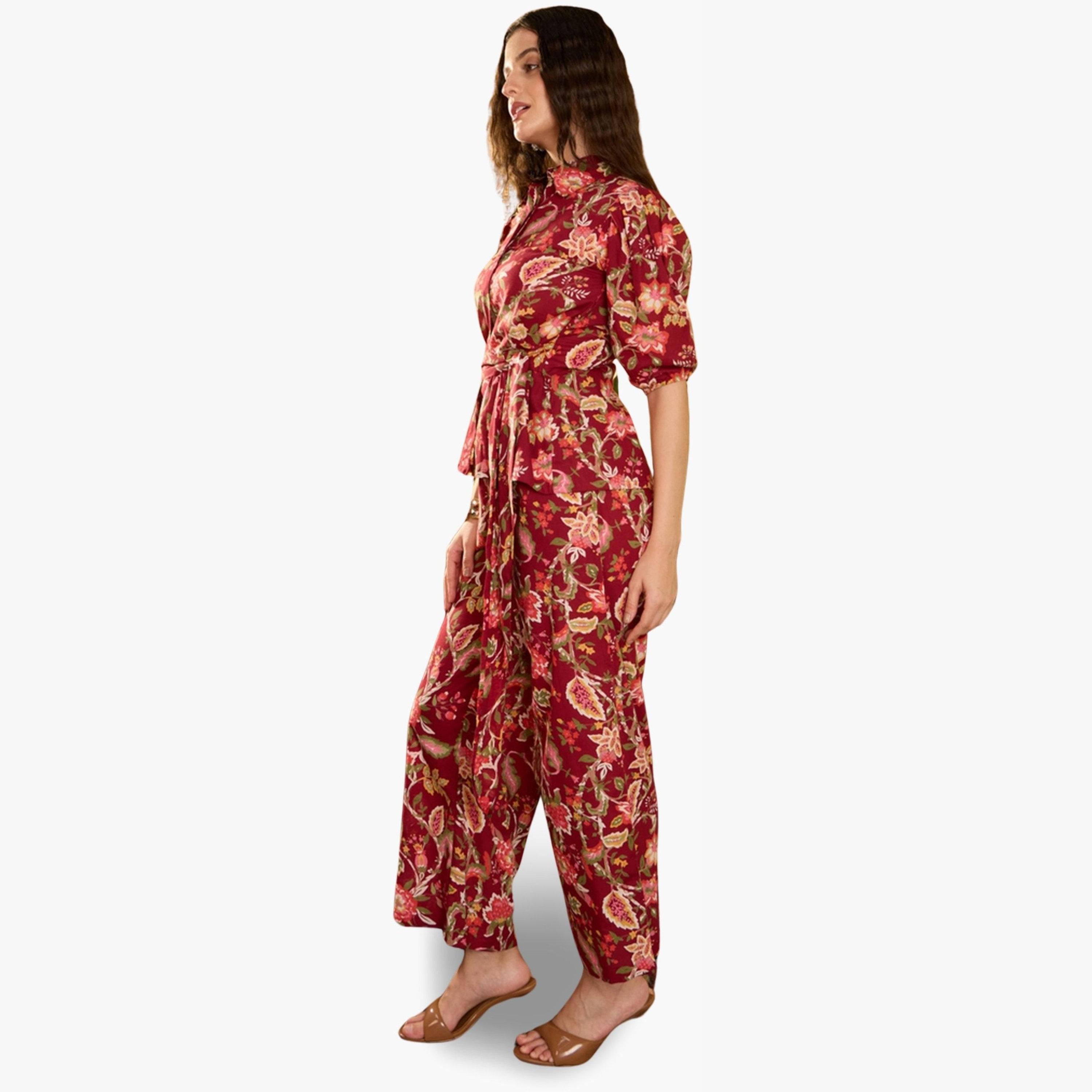 Imana X Styli Red Floral Print Pure Cotton Shirt with Trousers Co-Ords-women-clothing-coordsets-image-3