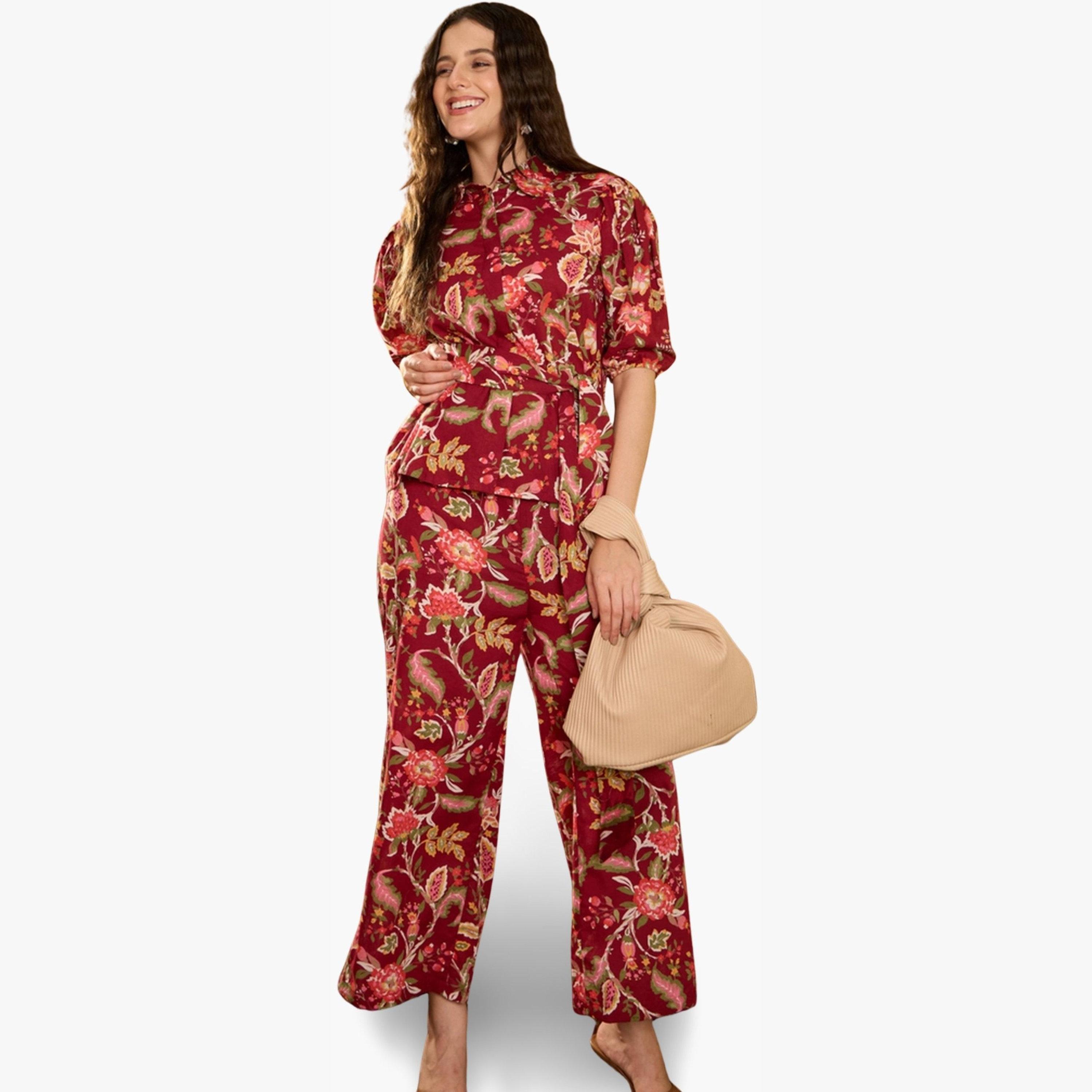 Imana X Styli Red Floral Print Pure Cotton Shirt with Trousers Co-Ords-women-clothing-coordsets-image-4