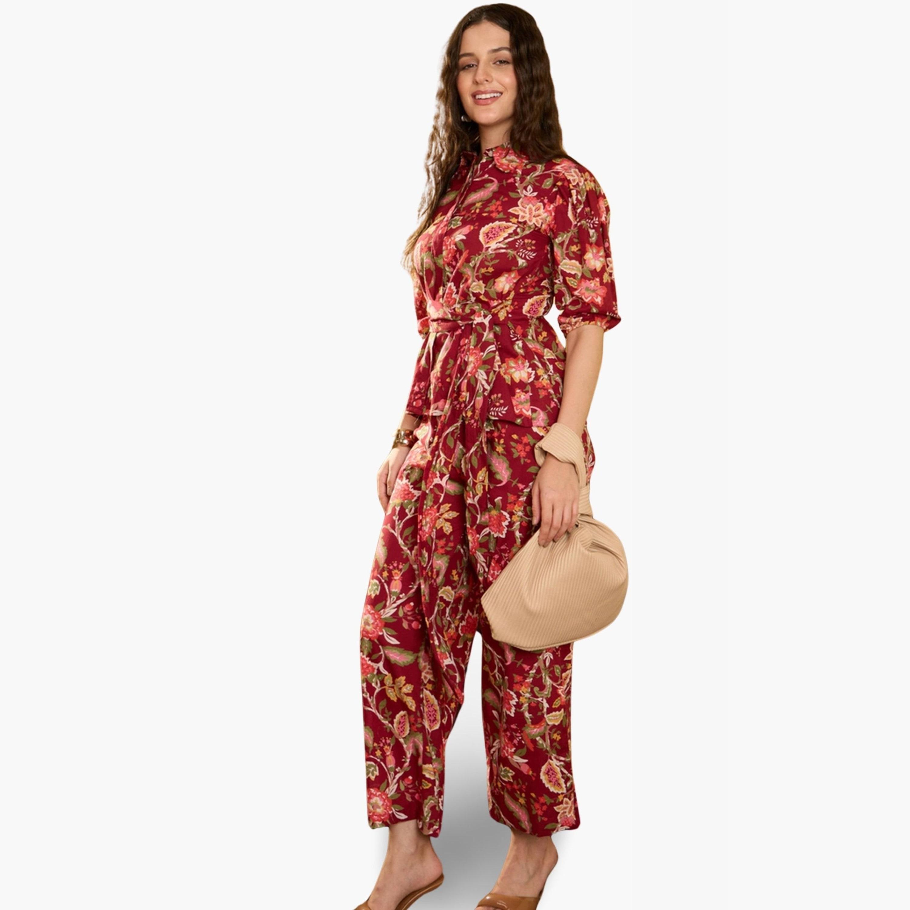 طقم منسق من قميص مع بنطال قطن خالص بطبعة زهور-women-clothing-coordsets-image-5