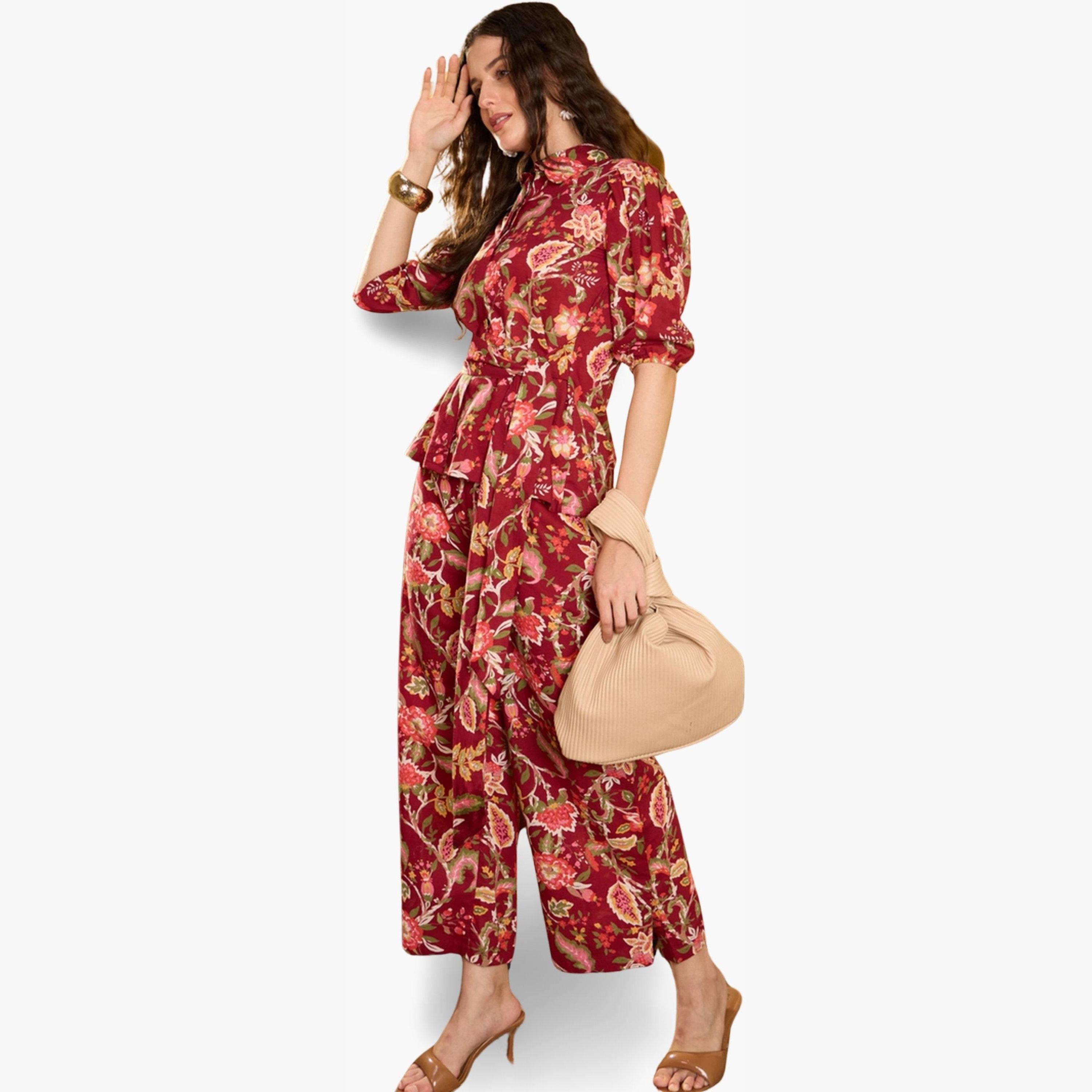 Imana X Styli Red Floral Print Pure Cotton Shirt with Trousers Co-Ords-women-clothing-coordsets-image-6
