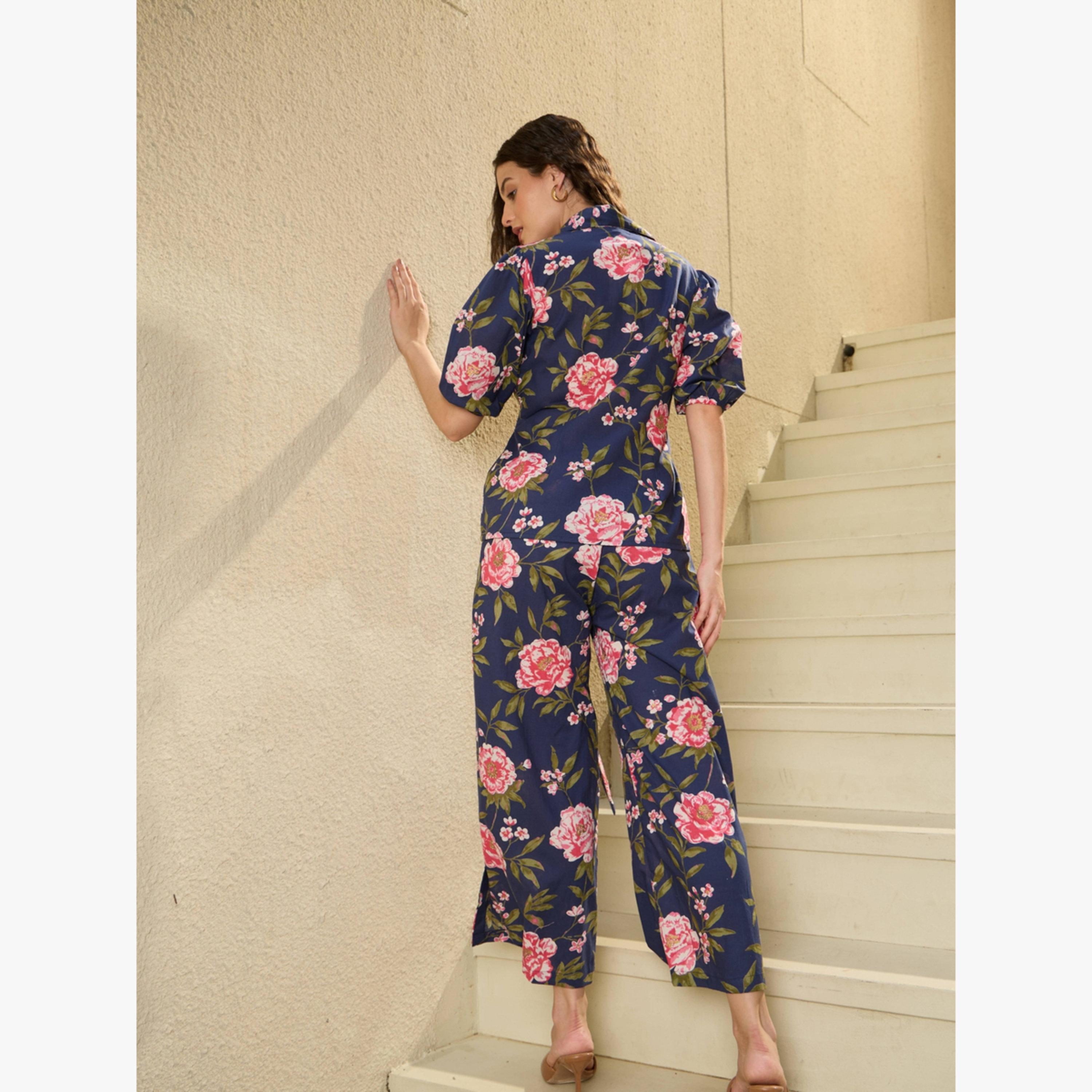 Imana X Styli Navy Blue Floral Print Pure Cotton Shirt with Trousers Co-Ords-women-clothing-coordsets-image-2