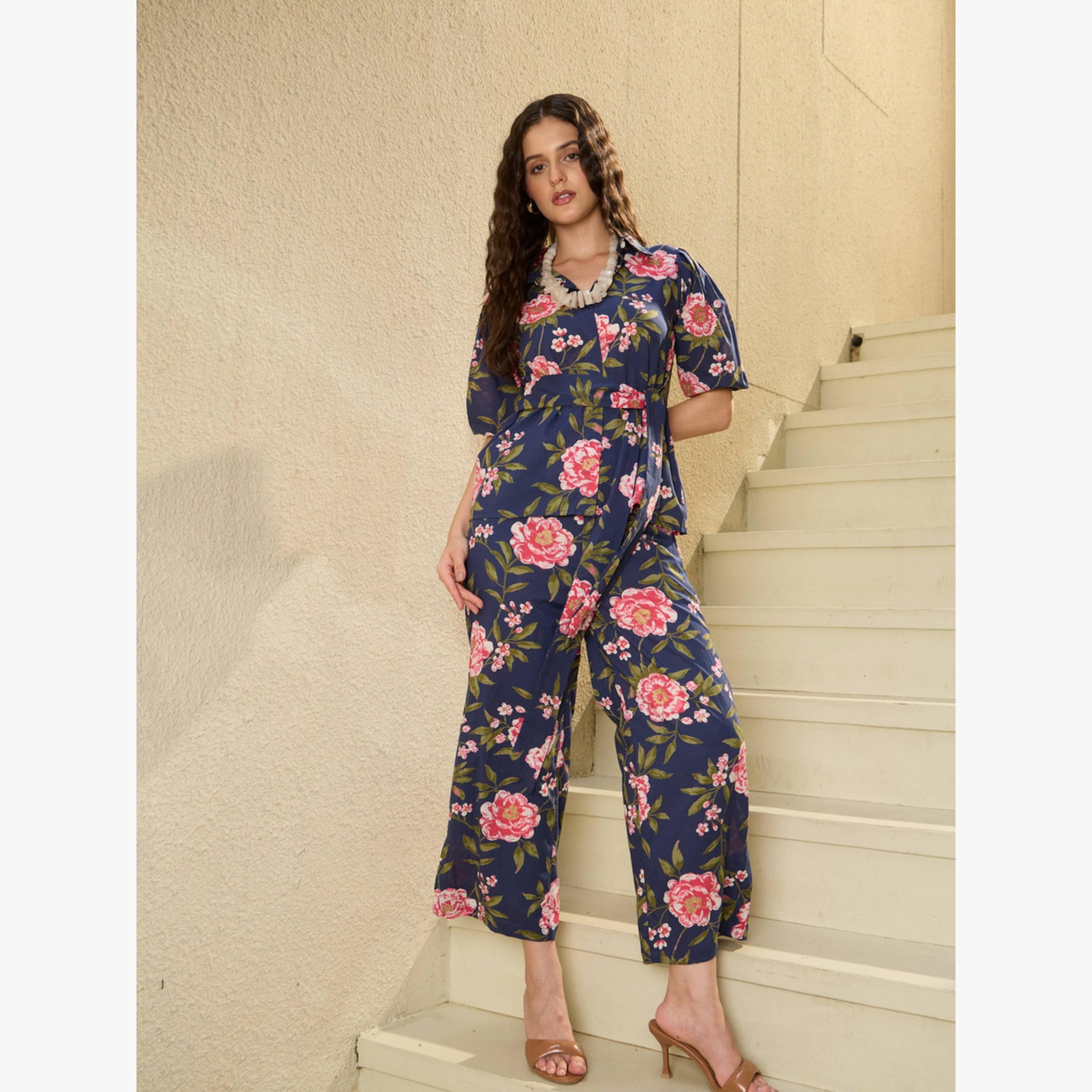 Imana X Styli Navy Blue Floral Print Pure Cotton Shirt with Trousers Co-Ords-women-clothing-coordsets-image-3
