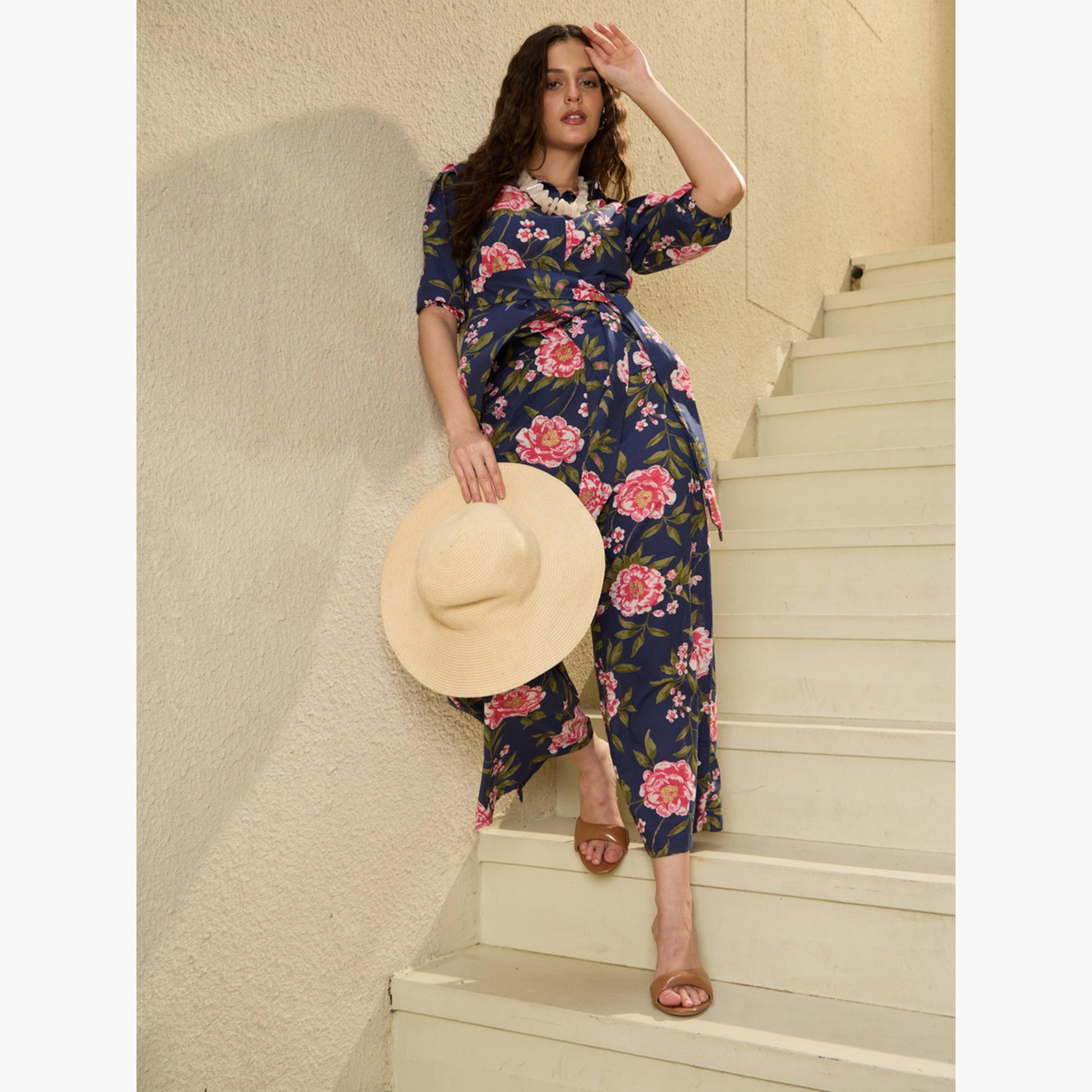 Imana X Styli Navy Blue Floral Print Pure Cotton Shirt with Trousers Co-Ords-women-clothing-coordsets-image-4