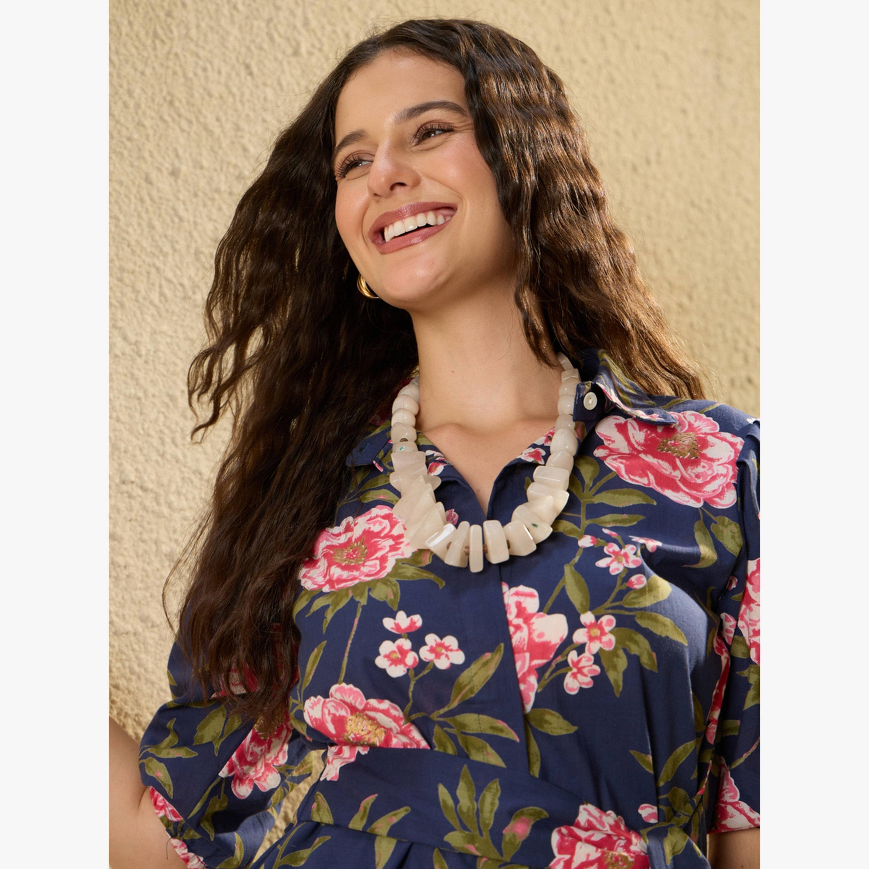 Imana X Styli Navy Blue Floral Print Pure Cotton Shirt with Trousers Co-Ords-women-clothing-coordsets-image-5