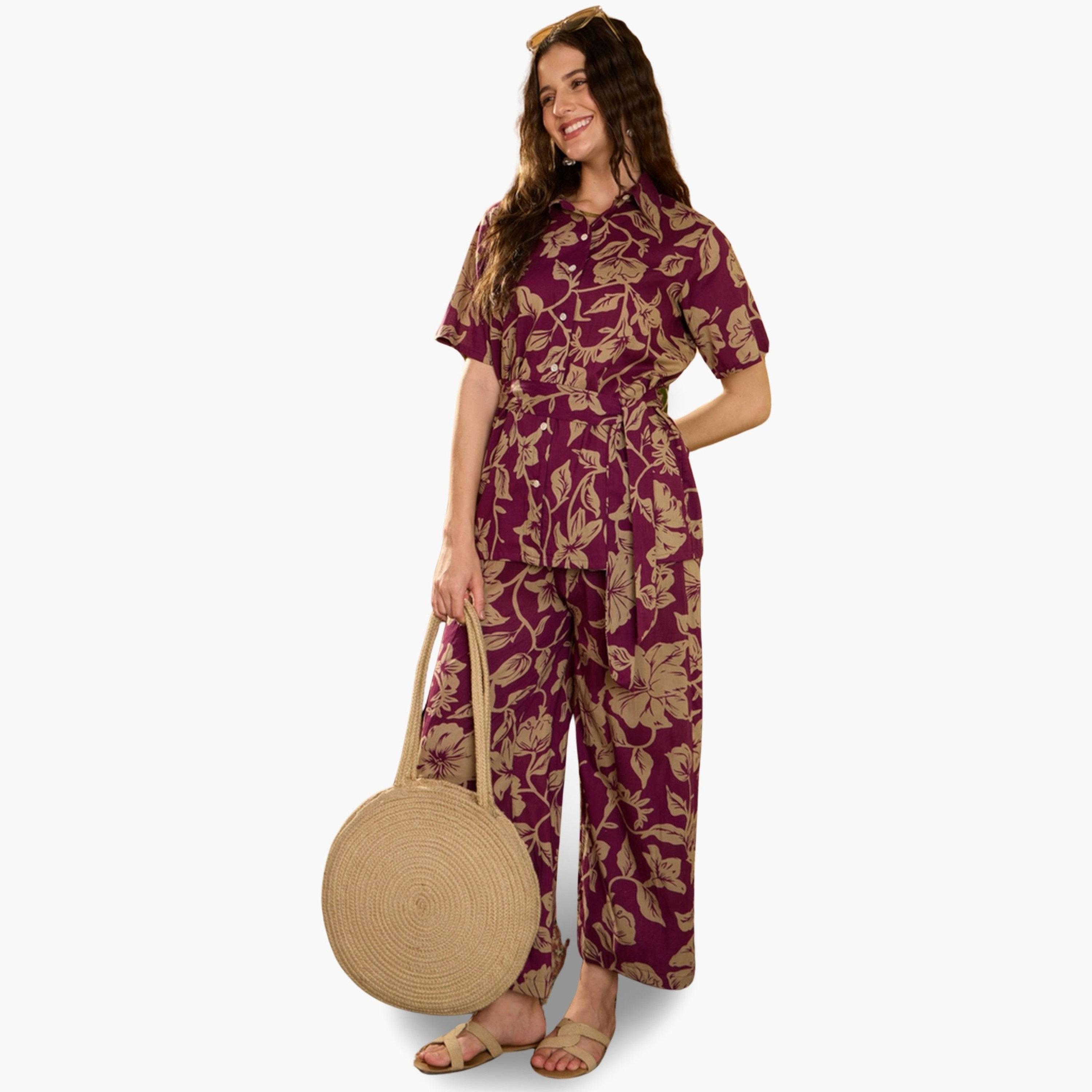 طقم منسق من قميص مع بنطال قطن خالص بطبعة زهور-women-clothing-coordsets-image-1