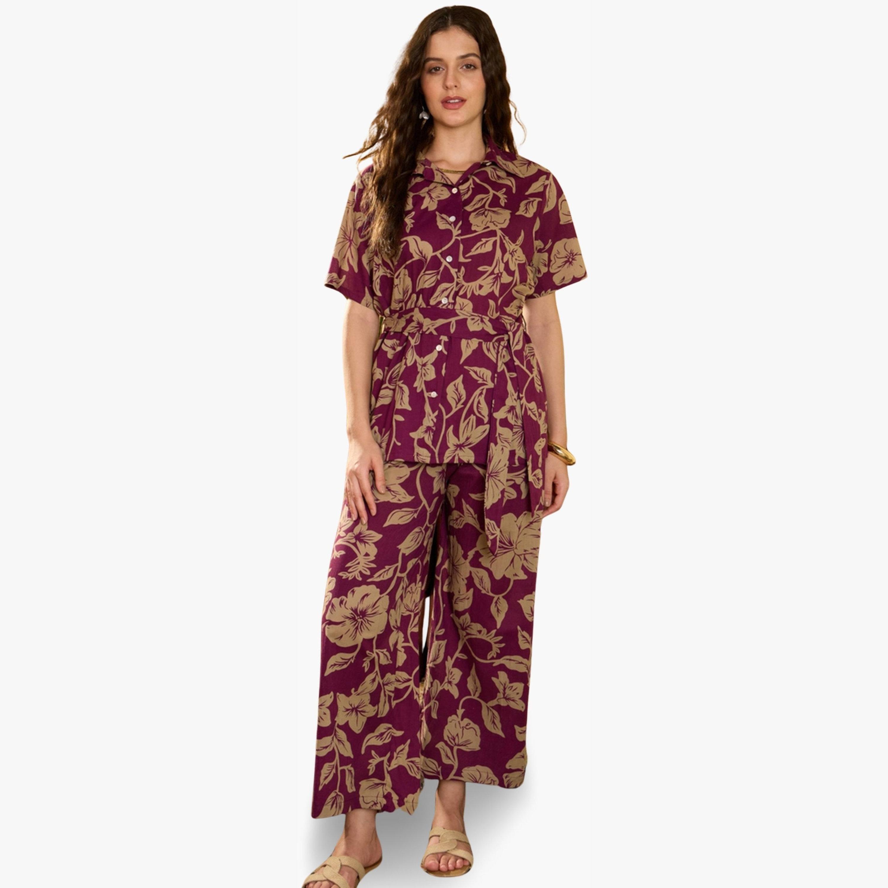 طقم منسق من قميص مع بنطال قطن خالص بطبعة زهور-women-clothing-coordsets-image-4