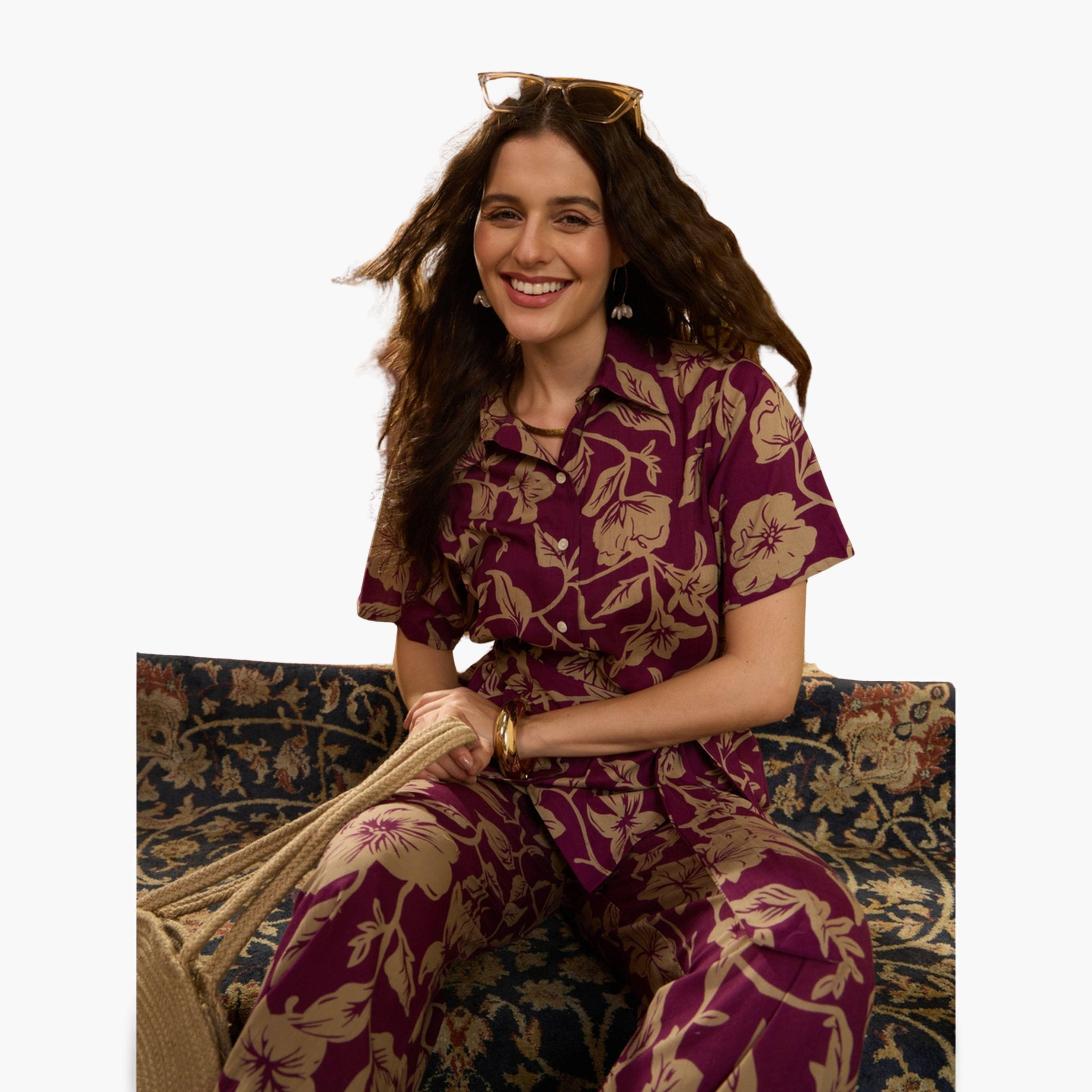 Imana X Styli Maroon Floral Print Pure Cotton Shirt with Trousers Co-Ords-women-clothing-coordsets-image-6