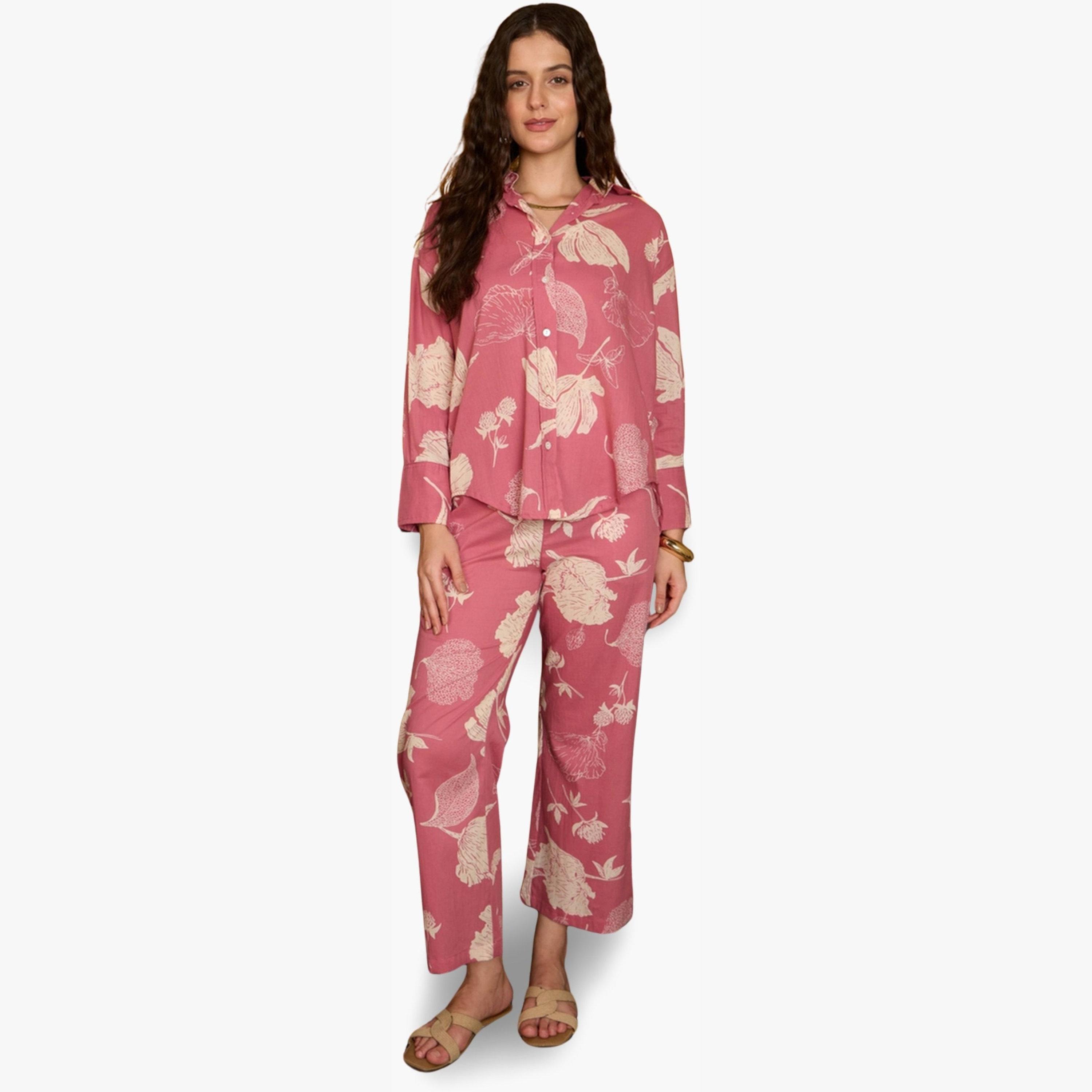 طقم منسق من قميص مع بنطال قطن خالص بطبعة زهور-women-clothing-coordsets-image-1