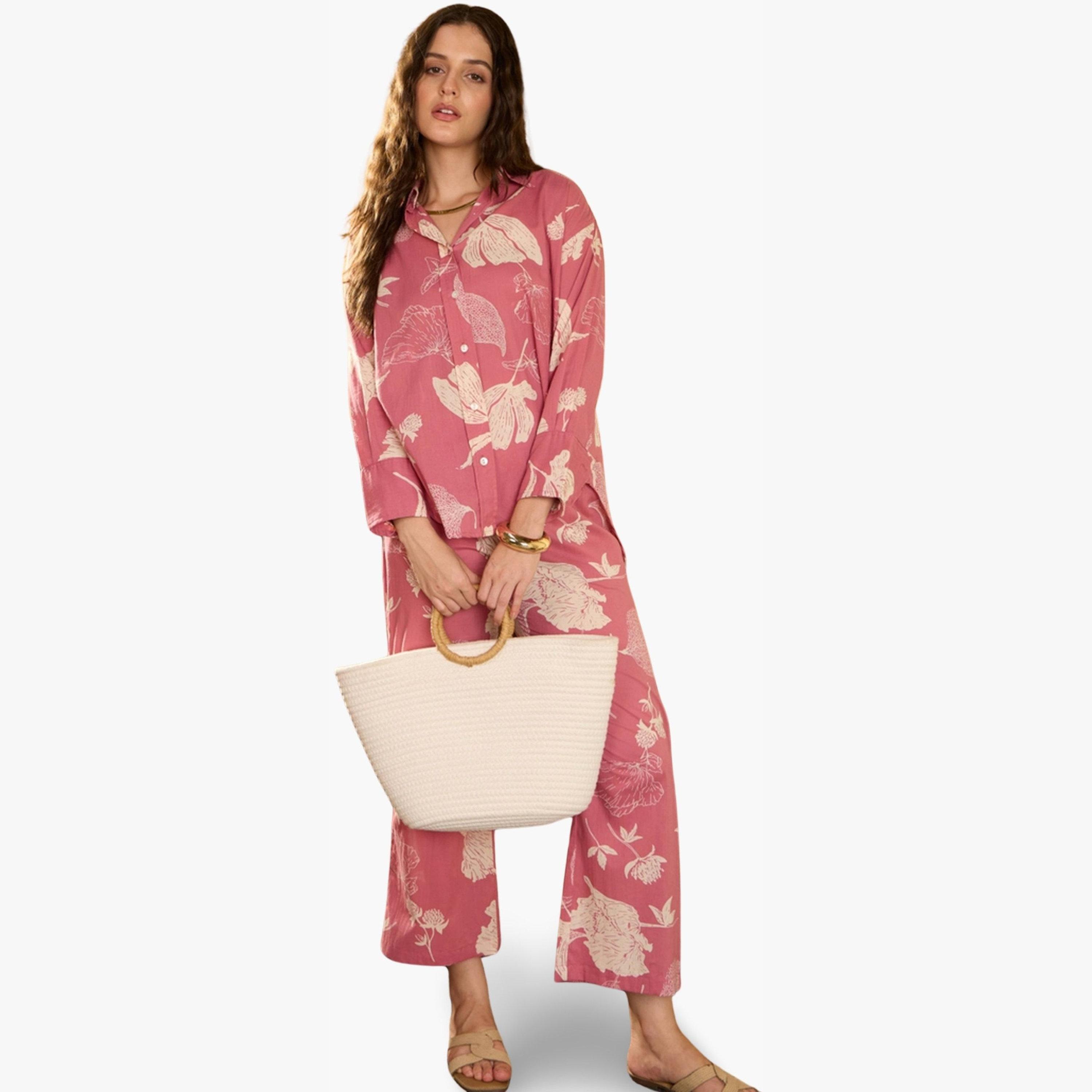 طقم منسق من قميص مع بنطال قطن خالص بطبعة زهور-women-clothing-coordsets-image-3