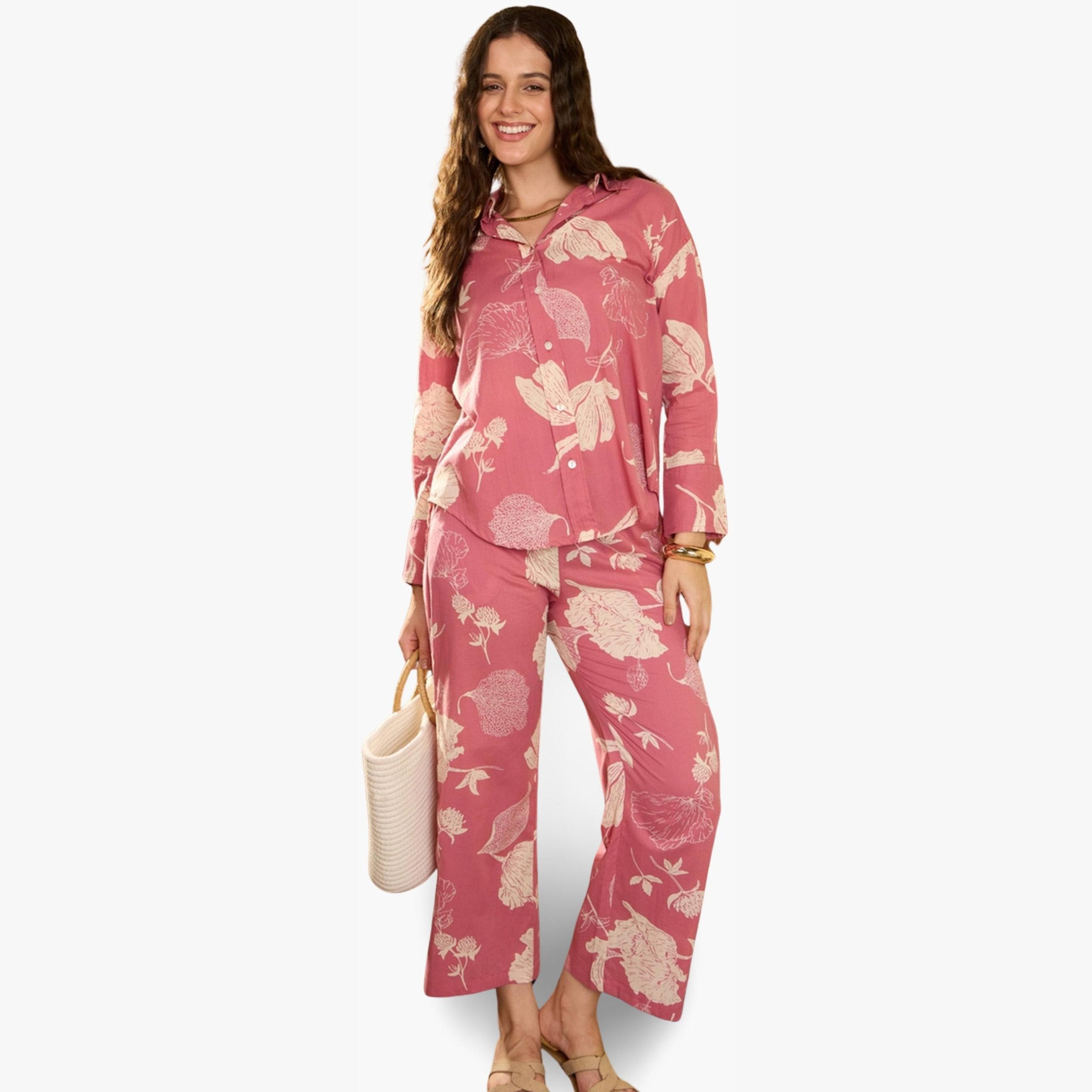 طقم منسق من قميص مع بنطال قطن خالص بطبعة زهور-women-clothing-coordsets-image-4