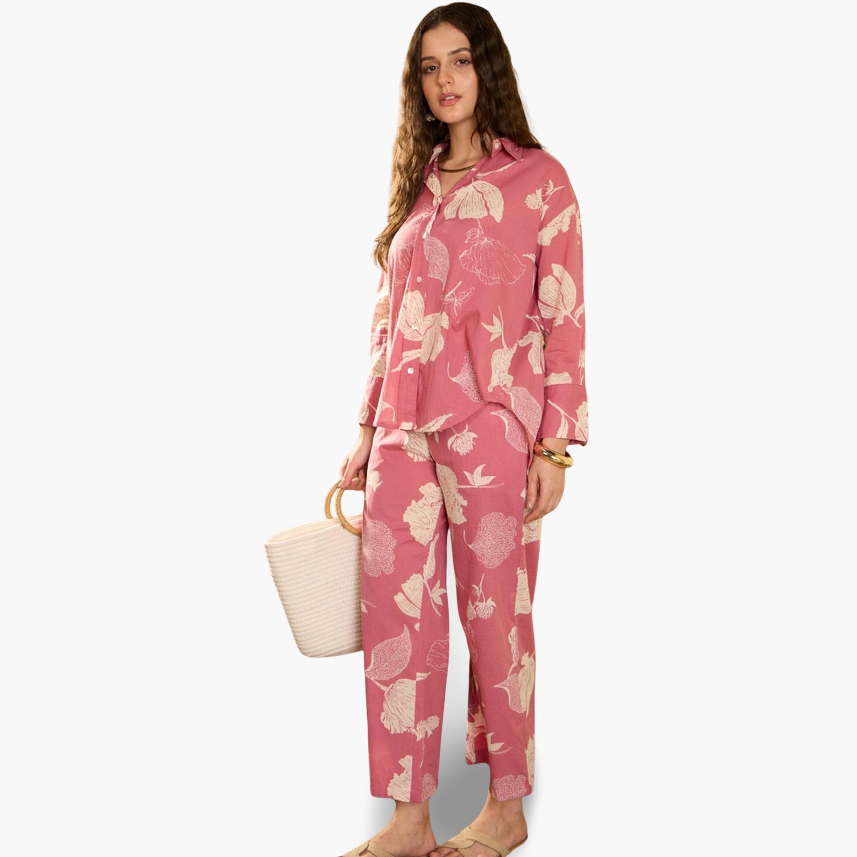 طقم منسق من قميص مع بنطال قطن خالص بطبعة زهور-women-clothing-coordsets-image-5