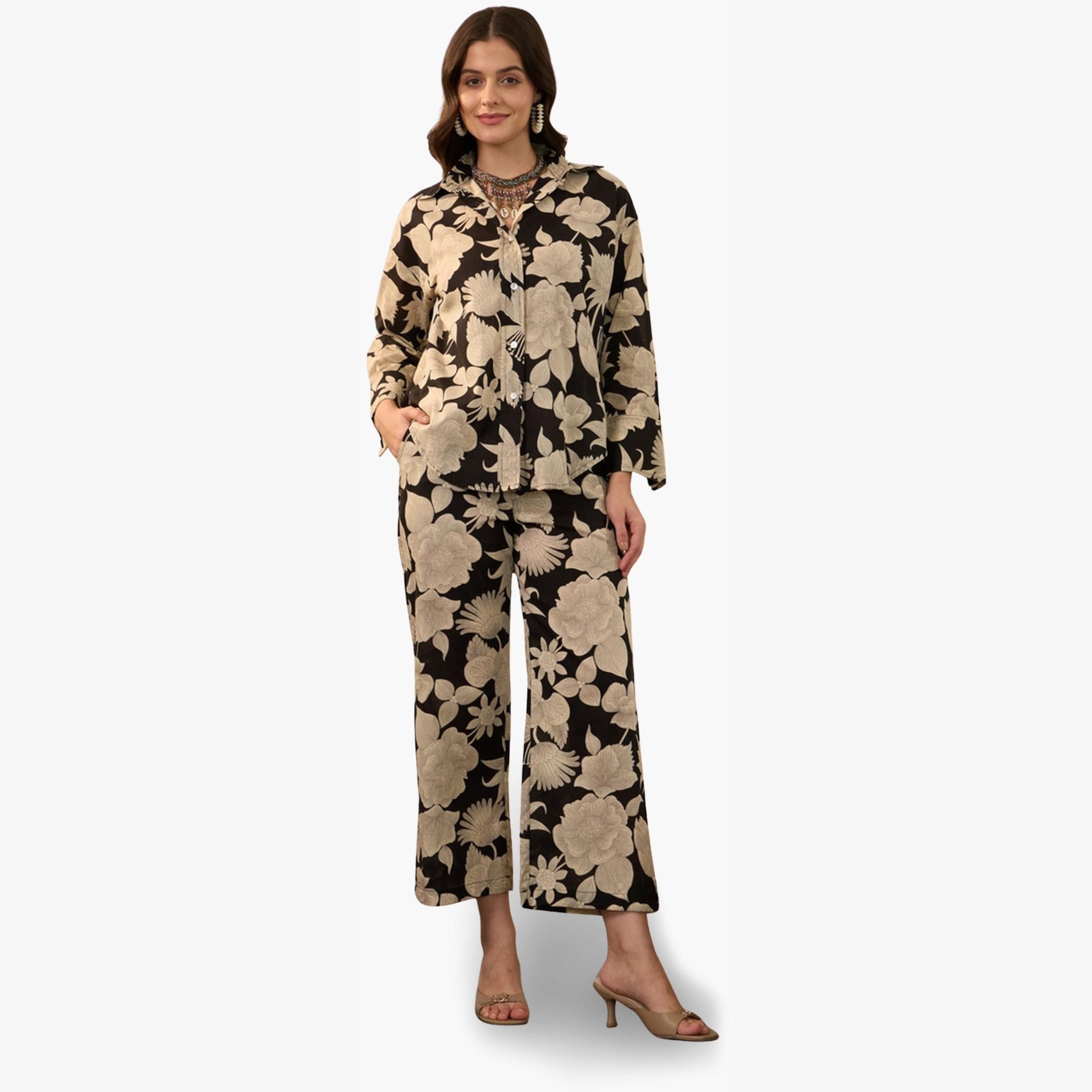 Imana X Styli Black Floral Print Pure Cotton Shirt with Trousers Co-Ords-women-clothing-coordsets-image-1